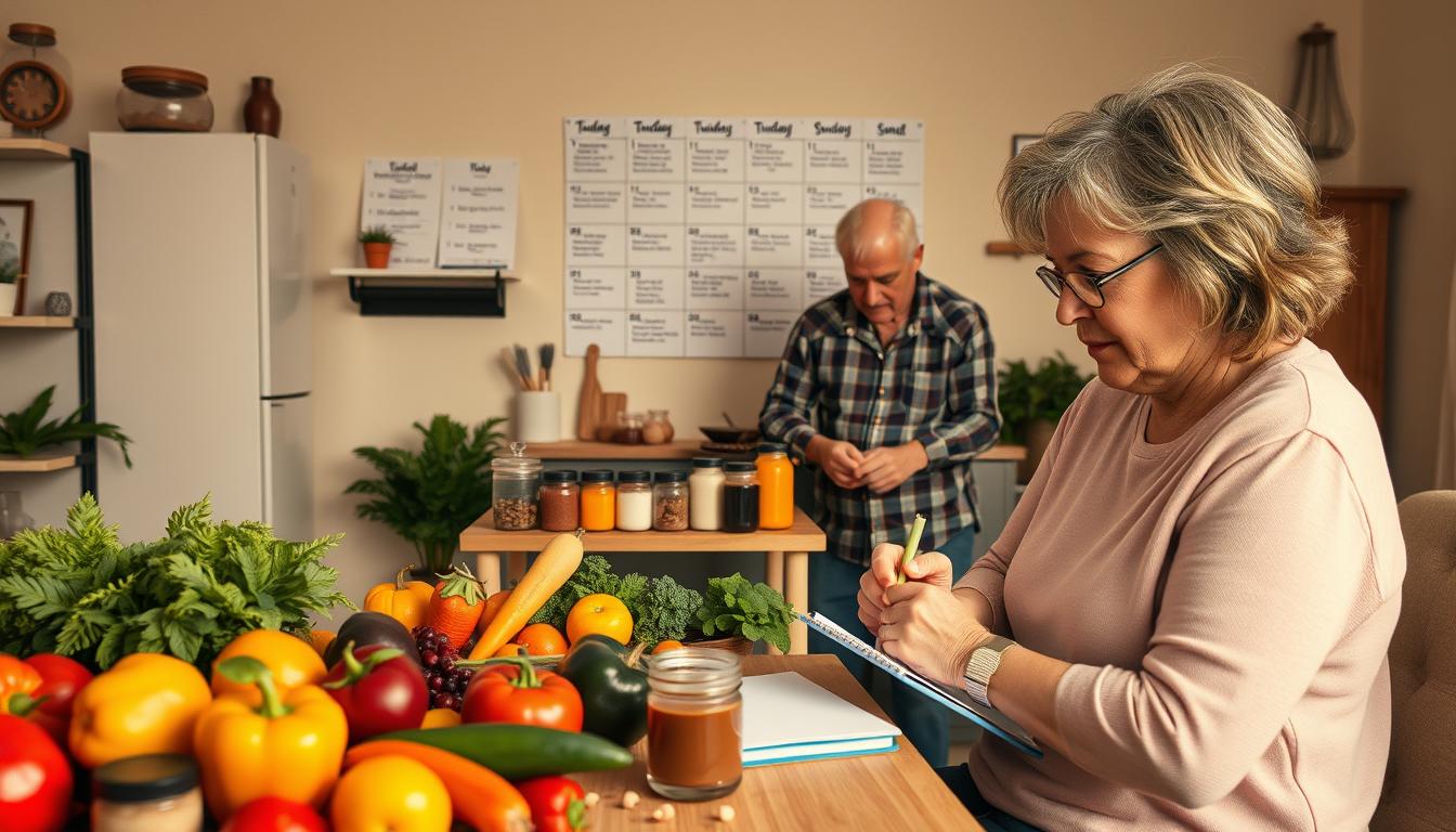 A tranquil home workspace scene showcasing a diverse group of mature adults engaged in building a weekly routine for immune health. In the foreground, a middle-aged woman writes on a notepad, surrounded by colorful fruits and vegetables, emphasizing a healthy diet. In the middle ground, a man prepares herbal teas on a small kitchen island, filled with jars of spices and supplements. The background features a wall with a weekly calendar illustrating varied activities, including exercise and meal planning. The lighting is warm and inviting, creating a cozy atmosphere. Capture the image from a slightly elevated angle, giving a sense of organization and focus. Convey a mood of positivity and determination. Get well and stay well, Ray Baker.