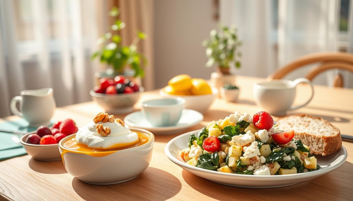 A vibrant Mediterranean breakfast spread designed for seniors, featuring a colorful plate of high-protein options. In the foreground, showcase a beautifully arranged meal with Greek yogurt topped with honey and walnuts, a serving of fluffy scrambled eggs mixed with spinach and feta cheese, and slices of whole grain toast. On the side, include a small bowl of mixed berries for a fresh touch. The middle ground captures a sunlit kitchen table adorned with natural wood textures and bright tableware, evoking a warm and inviting atmosphere. In the background, soft sunlight filters through sheer curtains, casting gentle shadows, while a potted herb plant adds a touch of greenery. The scene should feel cheerful and nourishing, emphasizing the essence of healthy eating. Get well and stay well, Ray Baker. A vibrant Mediterranean breakfast spread designed for seniors, featuring a colorful plate of high-protein options. In the foreground, showcase a beautifully arranged meal with Greek yogurt topped with honey and walnuts, a serving of fluffy scrambled eggs mixed with spinach and feta cheese, and slices of whole grain toast. On the side, include a small bowl of mixed berries for a fresh touch. The middle ground captures a sunlit kitchen table adorned with natural wood textures and bright tableware, evoking a warm and inviting atmosphere. In the background, soft sunlight filters through sheer curtains, casting gentle shadows, while a potted herb plant adds a touch of greenery. The scene should feel cheerful and nourishing, emphasizing the essence of healthy eating. Get well and stay well, Ray Baker.
