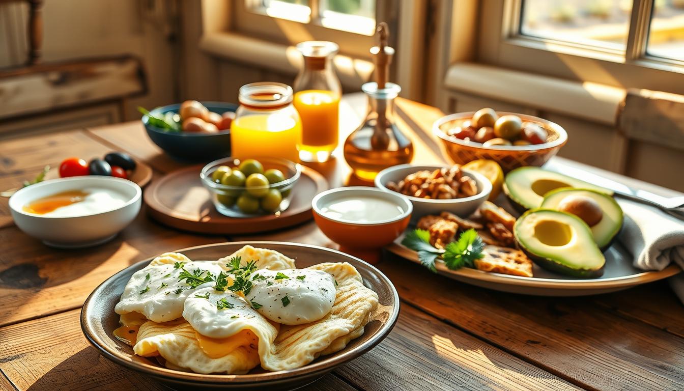 A vibrant Mediterranean breakfast spread on a rustic wooden table, showcasing an array of protein-rich foods. In the foreground, a beautifully plated dish features fluffy scrambled eggs topped with fresh herbs, accompanied by slices of grilled halloumi and a vibrant green avocado. A bowl of Greek yogurt adorned with honey and nuts sits nearby, while a platter of mixed olives and cherry tomatoes adds color. In the middle, a glass of fresh orange juice and a small carafe of olive oil complete the scene. The background features a sunlit window with light streaming in, creating warm shadows, immersing the table in a cozy, inviting atmosphere. The image captures a sense of health and vitality, emphasizing the importance of protein in managing appetite and energy levels throughout the day. Get well and stay well, Ray Baker. A vibrant Mediterranean breakfast spread on a rustic wooden table, showcasing an array of protein-rich foods. In the foreground, a beautifully plated dish features fluffy scrambled eggs topped with fresh herbs, accompanied by slices of grilled halloumi and a vibrant green avocado. A bowl of Greek yogurt adorned with honey and nuts sits nearby, while a platter of mixed olives and cherry tomatoes adds color. In the middle, a glass of fresh orange juice and a small carafe of olive oil complete the scene. The background features a sunlit window with light streaming in, creating warm shadows, immersing the table in a cozy, inviting atmosphere. The image captures a sense of health and vitality, emphasizing the importance of protein in managing appetite and energy levels throughout the day. Get well and stay well, Ray Baker.