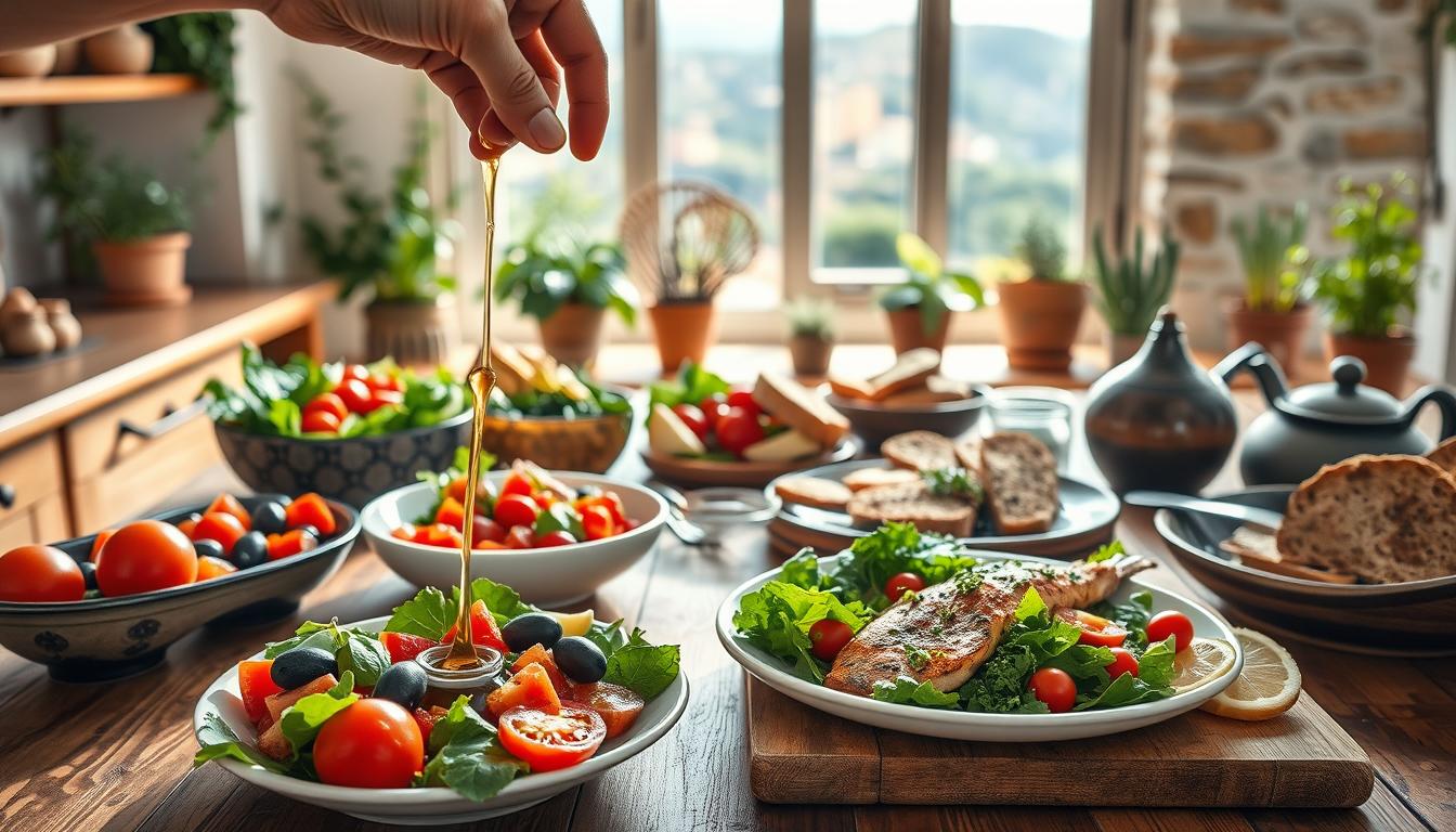 A vibrant Mediterranean-inspired kitchen scene, showcasing a beautifully arranged table filled with heart-healthy foods: colorful salads with ripe tomatoes, olives, and leafy greens; whole grain bread; grilled fish garnished with herbs; and a bowl of olive oil. In the foreground, a hand elegantly drizzles olive oil over a fresh salad, emphasizing freshness and vitality. The middle ground displays an inviting rustic wooden table adorned with ceramic dishes and utensils, surrounded by a warm, inviting atmosphere. Soft, natural light streams in from a window, casting gentle shadows and highlighting the rich textures of the ingredients. In the background, potted herbs and a scenic view of a Mediterranean landscape are visible, enhancing the nourishing feel of the image. The mood is uplifting and encouraging, promoting a healthy lifestyle. Get well and stay well, Ray Baker. A vibrant Mediterranean-inspired kitchen scene, showcasing a beautifully arranged table filled with heart-healthy foods: colorful salads with ripe tomatoes, olives, and leafy greens; whole grain bread; grilled fish garnished with herbs; and a bowl of olive oil. In the foreground, a hand elegantly drizzles olive oil over a fresh salad, emphasizing freshness and vitality. The middle ground displays an inviting rustic wooden table adorned with ceramic dishes and utensils, surrounded by a warm, inviting atmosphere. Soft, natural light streams in from a window, casting gentle shadows and highlighting the rich textures of the ingredients. In the background, potted herbs and a scenic view of a Mediterranean landscape are visible, enhancing the nourishing feel of the image. The mood is uplifting and encouraging, promoting a healthy lifestyle. Get well and stay well, Ray Baker.