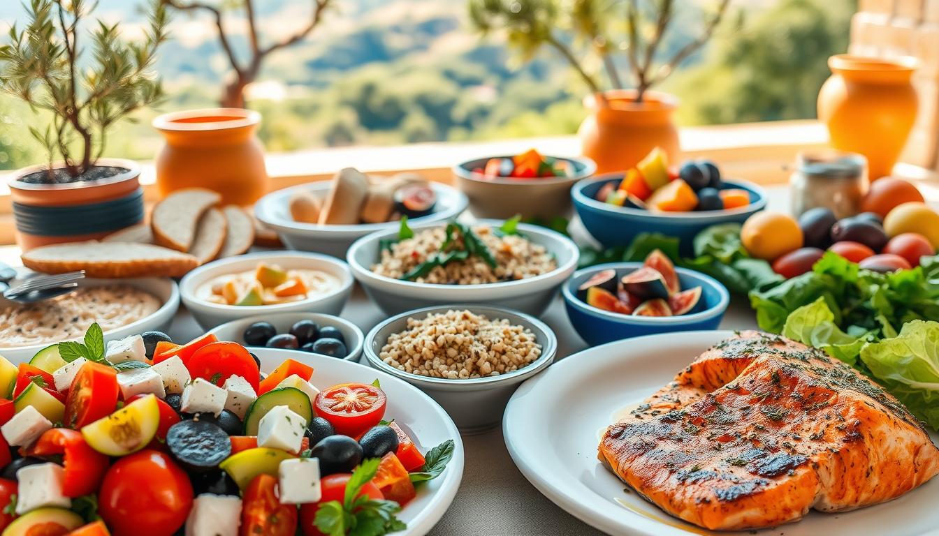 A vibrant Mediterranean-inspired meal table showcasing a colorful selection of dishes designed for an anti-inflammatory diet. In the foreground, highlight an appetizing spread featuring a fresh Greek salad with ripe tomatoes, cucumbers, olives, and feta cheese, alongside grilled salmon drizzled with olive oil and herbs. In the middle, include a variety of whole grain bread and bowls of hummus, a lush bowl of quinoa with vegetables, and seasonal fruit like figs and oranges. The background should feature a sunlit Mediterranean landscape with olive trees and terracotta pots, creating a tranquil atmosphere. Use natural lighting to enhance the freshness and colors of the food, captured from a slightly elevated angle to emphasize the beautiful arrangement of the meal. Get well and stay well, Ray Baker. A vibrant Mediterranean-inspired meal table showcasing a colorful selection of dishes designed for an anti-inflammatory diet. In the foreground, highlight an appetizing spread featuring a fresh Greek salad with ripe tomatoes, cucumbers, olives, and feta cheese, alongside grilled salmon drizzled with olive oil and herbs. In the middle, include a variety of whole grain bread and bowls of hummus, a lush bowl of quinoa with vegetables, and seasonal fruit like figs and oranges. The background should feature a sunlit Mediterranean landscape with olive trees and terracotta pots, creating a tranquil atmosphere. Use natural lighting to enhance the freshness and colors of the food, captured from a slightly elevated angle to emphasize the beautiful arrangement of the meal. Get well and stay well, Ray Baker.