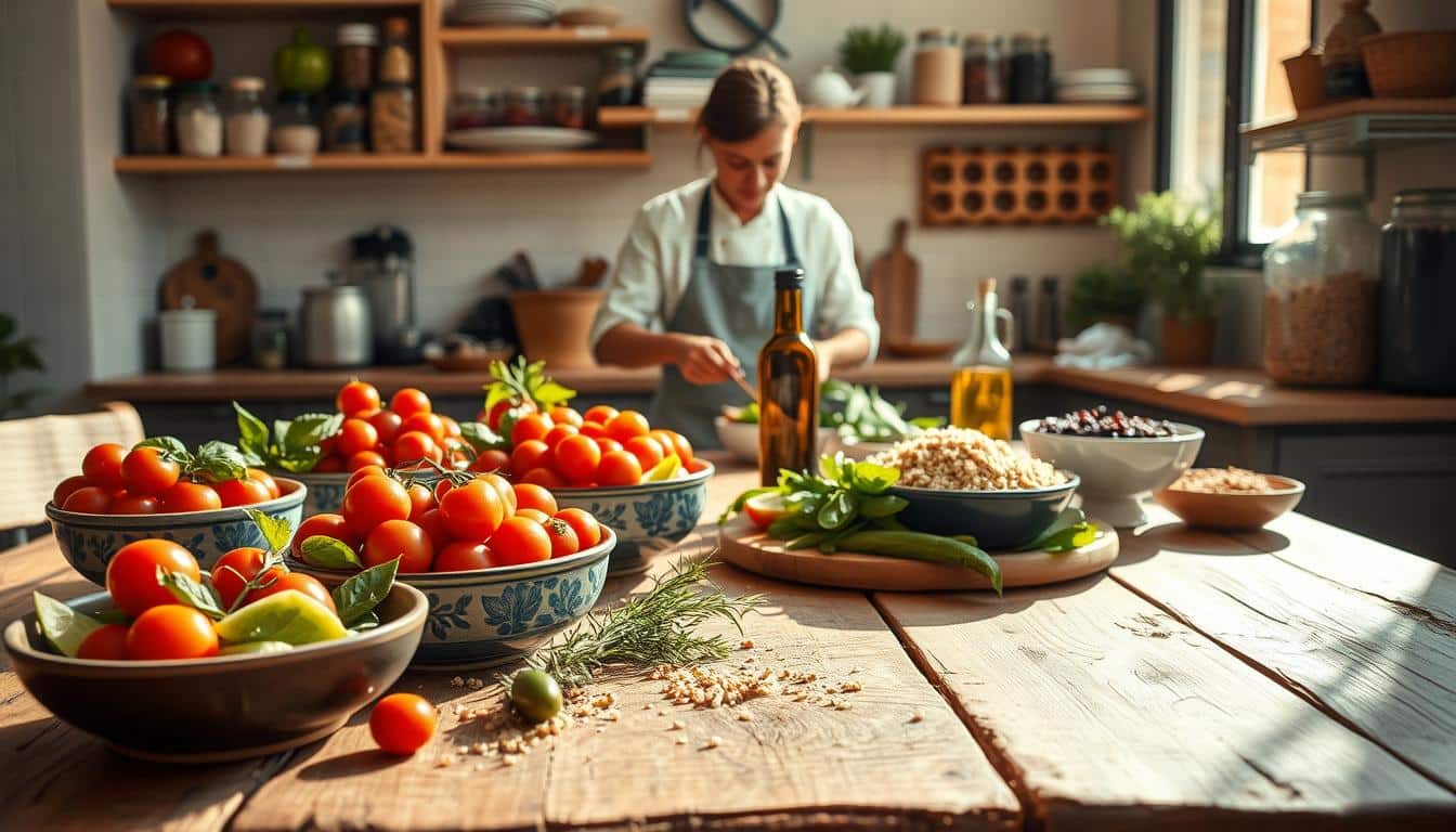A vibrant Mediterranean kitchen scene, featuring a rustic wooden table set with a colorful array of low-glycemic foods. In the foreground, bowls of fresh cherry tomatoes, cucumbers, olives, and a platter of grilled vegetables are artfully arranged alongside whole grains like quinoa and farro. In the middle, a chef in modest casual clothing is preparing a delicious meal, mixing fresh herbs like basil and rosemary, while a bottle of olive oil gleams in the warm sunlight. In the background, shelves filled with spices, jars of legumes, and fresh fruits like berries create an inviting atmosphere. Soft, natural lighting filters through a nearby window, casting gentle shadows, evoking a mood of health, vitality, and culinary creativity. Get well and stay well, Ray Baker. A vibrant Mediterranean kitchen scene, featuring a rustic wooden table set with a colorful array of low-glycemic foods. In the foreground, bowls of fresh cherry tomatoes, cucumbers, olives, and a platter of grilled vegetables are artfully arranged alongside whole grains like quinoa and farro. In the middle, a chef in modest casual clothing is preparing a delicious meal, mixing fresh herbs like basil and rosemary, while a bottle of olive oil gleams in the warm sunlight. In the background, shelves filled with spices, jars of legumes, and fresh fruits like berries create an inviting atmosphere. Soft, natural lighting filters through a nearby window, casting gentle shadows, evoking a mood of health, vitality, and culinary creativity. Get well and stay well, Ray Baker.
