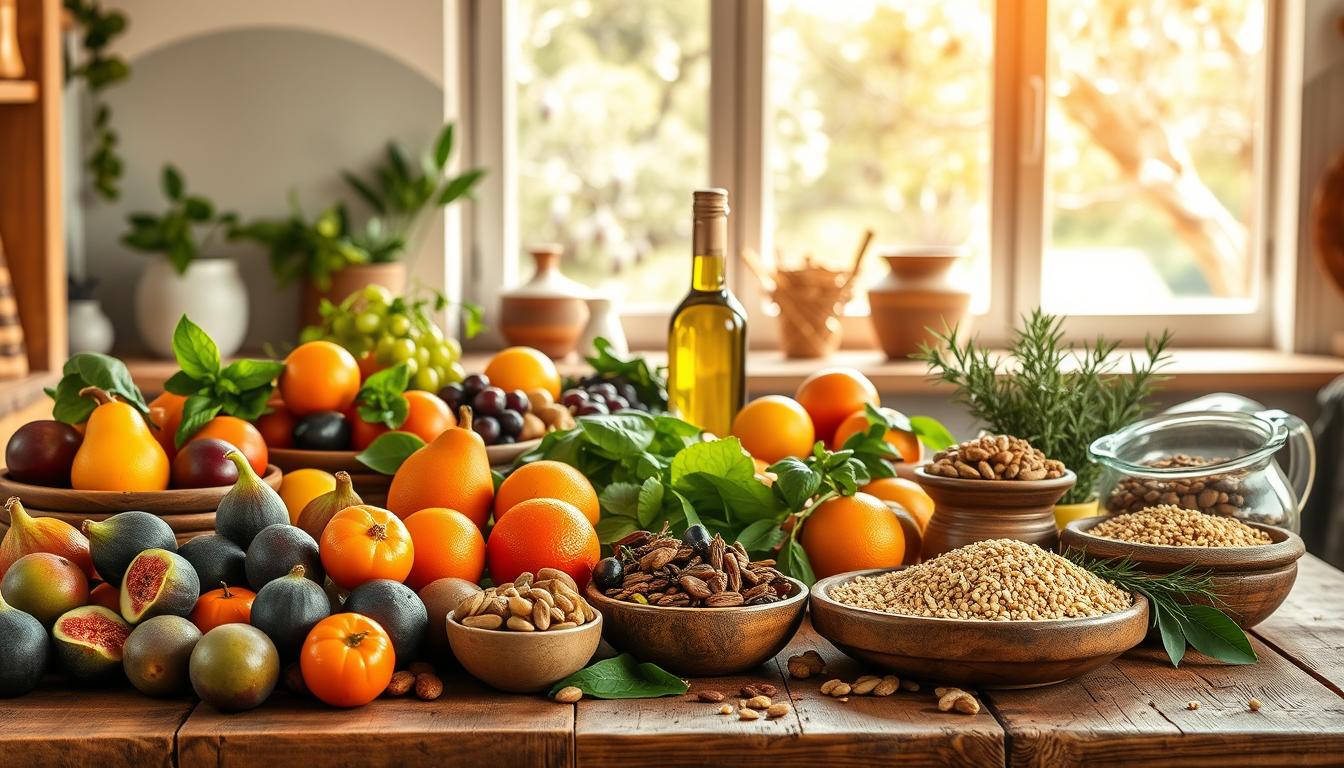 A vibrant Mediterranean kitchen scene featuring an abundance of fresh produce that highlights the staples of the Mediterranean diet. In the foreground, a rustic wooden table is adorned with colorful fruits like figs, oranges, and grapes, alongside bowls of mixed nuts, olives, and whole grains, emphasizing their role in stabilizing blood sugar. The middle ground showcases a beautiful olive oil bottle and fresh herbs like basil and rosemary, while a sun-drenched window reveals a serene view of olive trees, providing a warm, inviting light that casts soft shadows. The atmosphere exudes warmth and healthiness, encouraging a sense of comfort and vitality. Capture the scene from a slightly elevated angle to provide a comprehensive view of the table and surrounding elements, ensuring the composition feels balanced and harmonious. Get well and stay well, Ray Baker. A vibrant Mediterranean kitchen scene featuring an abundance of fresh produce that highlights the staples of the Mediterranean diet. In the foreground, a rustic wooden table is adorned with colorful fruits like figs, oranges, and grapes, alongside bowls of mixed nuts, olives, and whole grains, emphasizing their role in stabilizing blood sugar. The middle ground showcases a beautiful olive oil bottle and fresh herbs like basil and rosemary, while a sun-drenched window reveals a serene view of olive trees, providing a warm, inviting light that casts soft shadows. The atmosphere exudes warmth and healthiness, encouraging a sense of comfort and vitality. Capture the scene from a slightly elevated angle to provide a comprehensive view of the table and surrounding elements, ensuring the composition feels balanced and harmonious. Get well and stay well, Ray Baker.