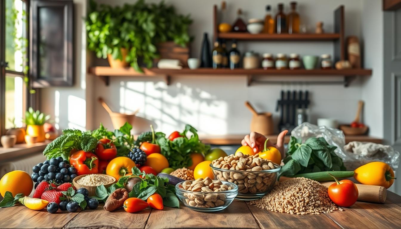 A vibrant Mediterranean kitchen scene filled with fresh, healthy ingredients that improve glucose control. In the foreground, a rustic wooden table displays an array of colorful fruits (like berries and oranges), vegetables (such as leafy greens and bell peppers), and whole grains (like quinoa and brown rice). In the middle ground, a gentle hand is reaching for a bowl of nuts, symbolizing smart dietary swaps. The kitchen is bathed in warm, natural light streaming through a window adorned with herbs. In the background, olive oil and spices are artfully arranged on shelves, enhancing the atmosphere of wellness. The mood is inviting and wholesome, emphasizing a lifestyle centered on natural health and Mediterranean habits. Get well and stay well, Ray Baker. A vibrant Mediterranean kitchen scene filled with fresh, healthy ingredients that improve glucose control. In the foreground, a rustic wooden table displays an array of colorful fruits (like berries and oranges), vegetables (such as leafy greens and bell peppers), and whole grains (like quinoa and brown rice). In the middle ground, a gentle hand is reaching for a bowl of nuts, symbolizing smart dietary swaps. The kitchen is bathed in warm, natural light streaming through a window adorned with herbs. In the background, olive oil and spices are artfully arranged on shelves, enhancing the atmosphere of wellness. The mood is inviting and wholesome, emphasizing a lifestyle centered on natural health and Mediterranean habits. Get well and stay well, Ray Baker.