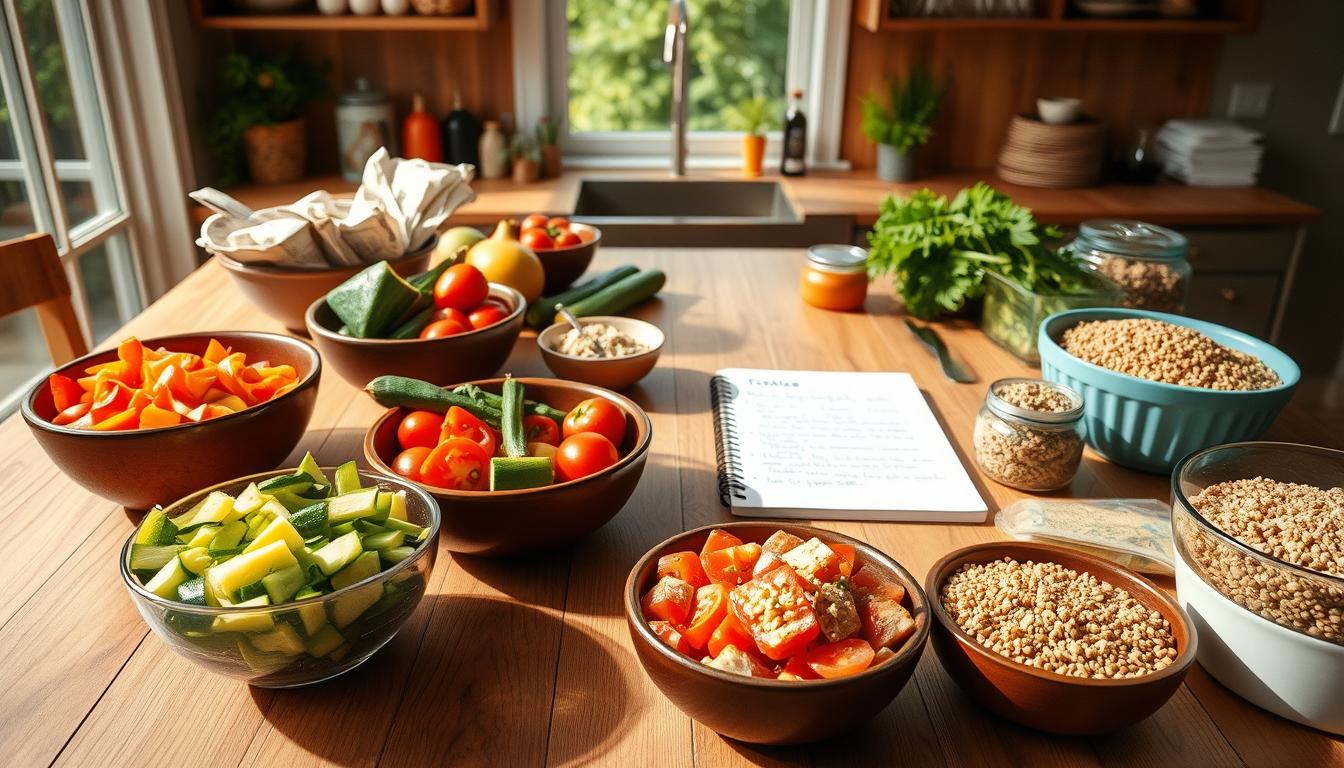 A vibrant Mediterranean meal prep scene designed for beginners, featuring a wooden kitchen table laden with fresh ingredients. In the foreground, colorful bowls of chopped vegetables like bell peppers, zucchini, and tomatoes, alongside containers of grains such as quinoa and brown rice. In the middle ground, a serene setting showcasing clean, easy-to-follow recipes written on a simple notepad, with a few utensils artfully arranged. The background includes a sunny window showing greenery outside, enhancing the fresh, inviting atmosphere. The lighting is warm and natural, casting soft shadows, evoking a sense of comfort, simplicity, and approachability. This image embodies the essence of Mediterranean cuisine, emphasizing wholesome, uncomplicated meal prep. Get well and stay well, Ray Baker. A vibrant Mediterranean meal prep scene designed for beginners, featuring a wooden kitchen table laden with fresh ingredients. In the foreground, colorful bowls of chopped vegetables like bell peppers, zucchini, and tomatoes, alongside containers of grains such as quinoa and brown rice. In the middle ground, a serene setting showcasing clean, easy-to-follow recipes written on a simple notepad, with a few utensils artfully arranged. The background includes a sunny window showing greenery outside, enhancing the fresh, inviting atmosphere. The lighting is warm and natural, casting soft shadows, evoking a sense of comfort, simplicity, and approachability. This image embodies the essence of Mediterranean cuisine, emphasizing wholesome, uncomplicated meal prep. Get well and stay well, Ray Baker.