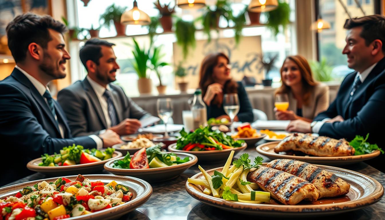 A vibrant Mediterranean restaurant setting featuring a beautifully arranged table with healthy food choices. In the foreground, a colorful array of dishes, including a fresh tabbouleh salad, grilled vegetables drizzled with olive oil, and a serving of lean grilled chicken, all artfully presented on rustic ceramic plates. In the middle ground, a group of four diverse individuals in professional business attire, engaged in light conversation, exuding a relaxed, convivial atmosphere. The background showcases warm, inviting restaurant décor, such as potted herbs and soft, ambient lighting. The scene captures the essence of social dining without the stress, conveying camaraderie and satisfaction in healthy eating choices. The image is well-lit, emphasizing the freshness of the food. Get well and stay well, Ray Baker. A vibrant Mediterranean restaurant setting featuring a beautifully arranged table with healthy food choices. In the foreground, a colorful array of dishes, including a fresh tabbouleh salad, grilled vegetables drizzled with olive oil, and a serving of lean grilled chicken, all artfully presented on rustic ceramic plates. In the middle ground, a group of four diverse individuals in professional business attire, engaged in light conversation, exuding a relaxed, convivial atmosphere. The background showcases warm, inviting restaurant décor, such as potted herbs and soft, ambient lighting. The scene captures the essence of social dining without the stress, conveying camaraderie and satisfaction in healthy eating choices. The image is well-lit, emphasizing the freshness of the food. Get well and stay well, Ray Baker.