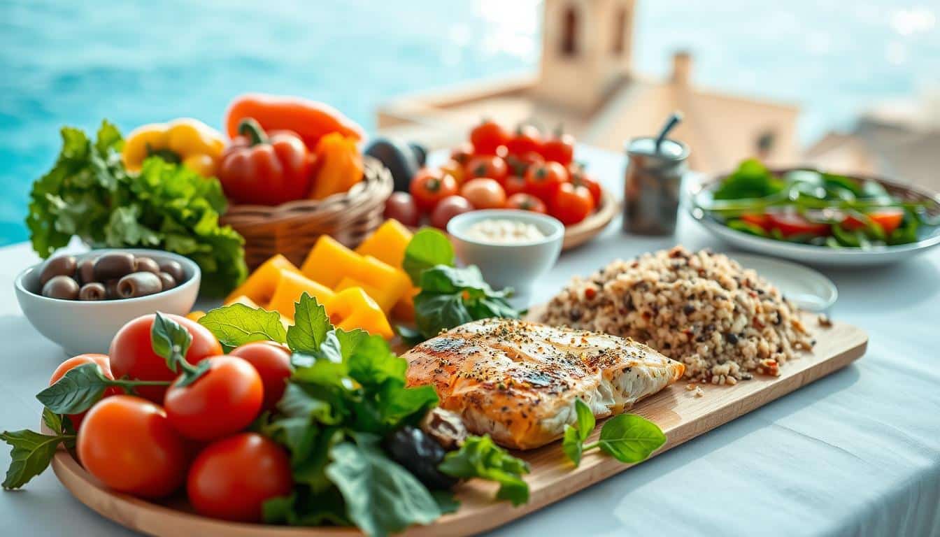 A vibrant Mediterranean table spread showcasing wholesome foods beneficial for managing high cholesterol. In the foreground, a colorful array of fresh vegetables like bell peppers, tomatoes, and leafy greens are artfully arranged alongside a bowl of olives and a small dish of hummus. The middle ground features a beautifully grilled salmon fillet drizzled with olive oil, served with a side of quinoa salad. In the background, hints of a sunlit coastal setting with azure waters and rustic Mediterranean architecture evoke a sense of relaxation and health. Soft, natural lighting enhances the freshness of the ingredients, while a shallow depth of field focuses on the food, creating an inviting atmosphere that emphasizes wholesome living. Get well and stay well, Ray Baker. A vibrant Mediterranean table spread showcasing wholesome foods beneficial for managing high cholesterol. In the foreground, a colorful array of fresh vegetables like bell peppers, tomatoes, and leafy greens are artfully arranged alongside a bowl of olives and a small dish of hummus. The middle ground features a beautifully grilled salmon fillet drizzled with olive oil, served with a side of quinoa salad. In the background, hints of a sunlit coastal setting with azure waters and rustic Mediterranean architecture evoke a sense of relaxation and health. Soft, natural lighting enhances the freshness of the ingredients, while a shallow depth of field focuses on the food, creating an inviting atmosphere that emphasizes wholesome living. Get well and stay well, Ray Baker.