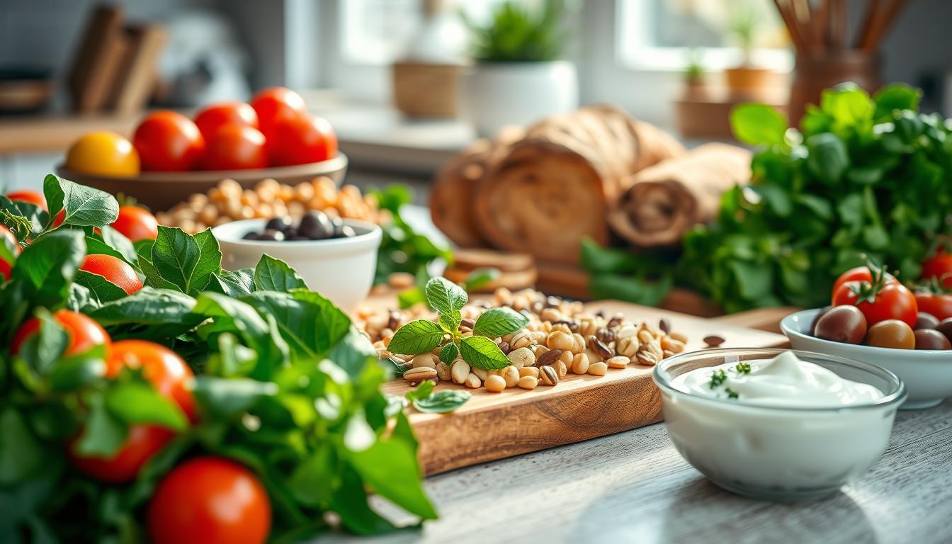 A vibrant, aesthetically pleasing display of Mediterranean foods promoting gut health. In the foreground, an assortment of colorful ingredients: ripe cherry tomatoes, fresh spinach, chickpeas, olives, whole grain bread, and a small bowl of yogurt adorned with herbs. In the middle, a rustic wooden cutting board features a spread of nuts and seeds, surrounded by fresh herbs like basil and parsley, emphasizing freshness. The background softly blurs with a sunlit kitchen setting, enhancing the warm, inviting atmosphere. Natural light pours in from a window, creating highlights and gentle shadows that give depth. The mood is wholesome, energizing, and uplifting, perfect for illustrating vitality through diet. Get well and stay well, Ray Baker. A vibrant, aesthetically pleasing display of Mediterranean foods promoting gut health. In the foreground, an assortment of colorful ingredients: ripe cherry tomatoes, fresh spinach, chickpeas, olives, whole grain bread, and a small bowl of yogurt adorned with herbs. In the middle, a rustic wooden cutting board features a spread of nuts and seeds, surrounded by fresh herbs like basil and parsley, emphasizing freshness. The background softly blurs with a sunlit kitchen setting, enhancing the warm, inviting atmosphere. Natural light pours in from a window, creating highlights and gentle shadows that give depth. The mood is wholesome, energizing, and uplifting, perfect for illustrating vitality through diet. Get well and stay well, Ray Baker.