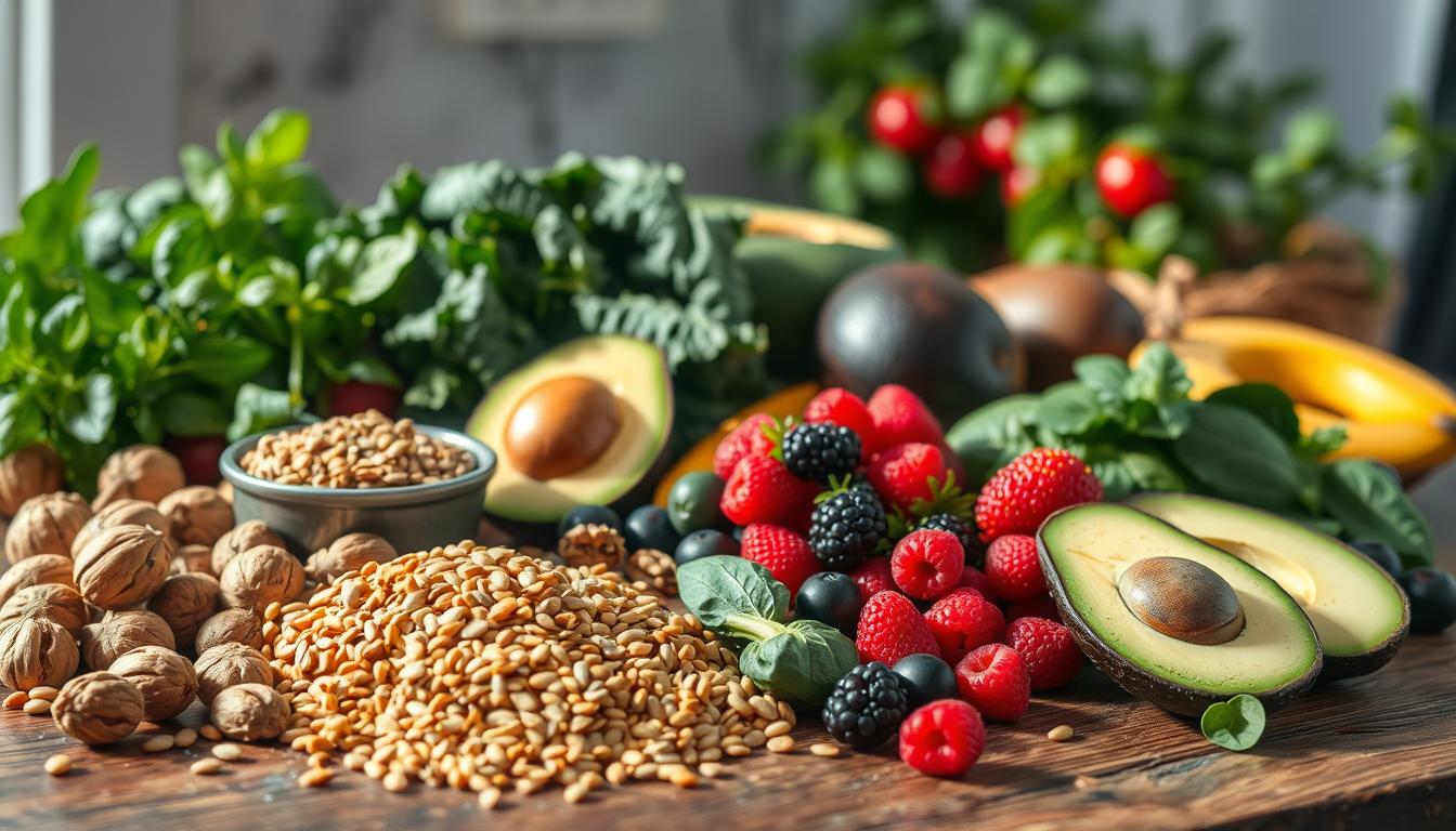 A vibrant and colorful arrangement of omega-3-rich foods excluding fish, beautifully displayed on a rustic wooden table. In the foreground, various walnuts, chia seeds, and flaxseeds are artfully scattered alongside a bowl of golden hemp seeds. The middle ground features ripe avocados, lush dark leafy greens like spinach and kale, and a few bright plump berries for a pop of color. In the background, there's a soft-focus view of Mediterranean herbs like basil and parsley, creating a warm and inviting atmosphere. Natural sunlight streams in from the side, casting gentle shadows and enhancing the textures of the foods. The scene evokes a fresh and healthy mood, perfect for promoting a brain-boosting diet. Get well and stay well, Ray Baker.