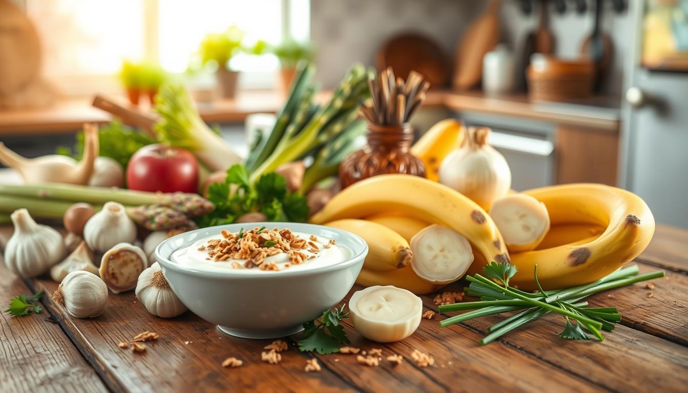 A vibrant and colorful arrangement of prebiotic foods, featuring whole foods like chicory root, garlic, onions, leeks, asparagus, and bananas artistically displayed on a rustic wooden table. In the foreground, add a bowl of creamy yogurt with a sprinkle of granola, surrounded by herbs like parsley and chives. The middle ground showcases the variety of prebiotic vegetables artfully cut and arranged, emphasizing their textures and freshness. The background should be softly blurred, suggesting a sun-drenched kitchen with warm, natural light streaming in, creating a cozy and inviting atmosphere. Use a soft focus lens to enhance the dreamy quality of the scene, capturing the essence of wholesome Mediterranean ingredients. Overall, evoke a sense of nourishment and vitality. Get well and stay well, Ray Baker. A vibrant and colorful arrangement of prebiotic foods, featuring whole foods like chicory root, garlic, onions, leeks, asparagus, and bananas artistically displayed on a rustic wooden table. In the foreground, add a bowl of creamy yogurt with a sprinkle of granola, surrounded by herbs like parsley and chives. The middle ground showcases the variety of prebiotic vegetables artfully cut and arranged, emphasizing their textures and freshness. The background should be softly blurred, suggesting a sun-drenched kitchen with warm, natural light streaming in, creating a cozy and inviting atmosphere. Use a soft focus lens to enhance the dreamy quality of the scene, capturing the essence of wholesome Mediterranean ingredients. Overall, evoke a sense of nourishment and vitality. Get well and stay well, Ray Baker.