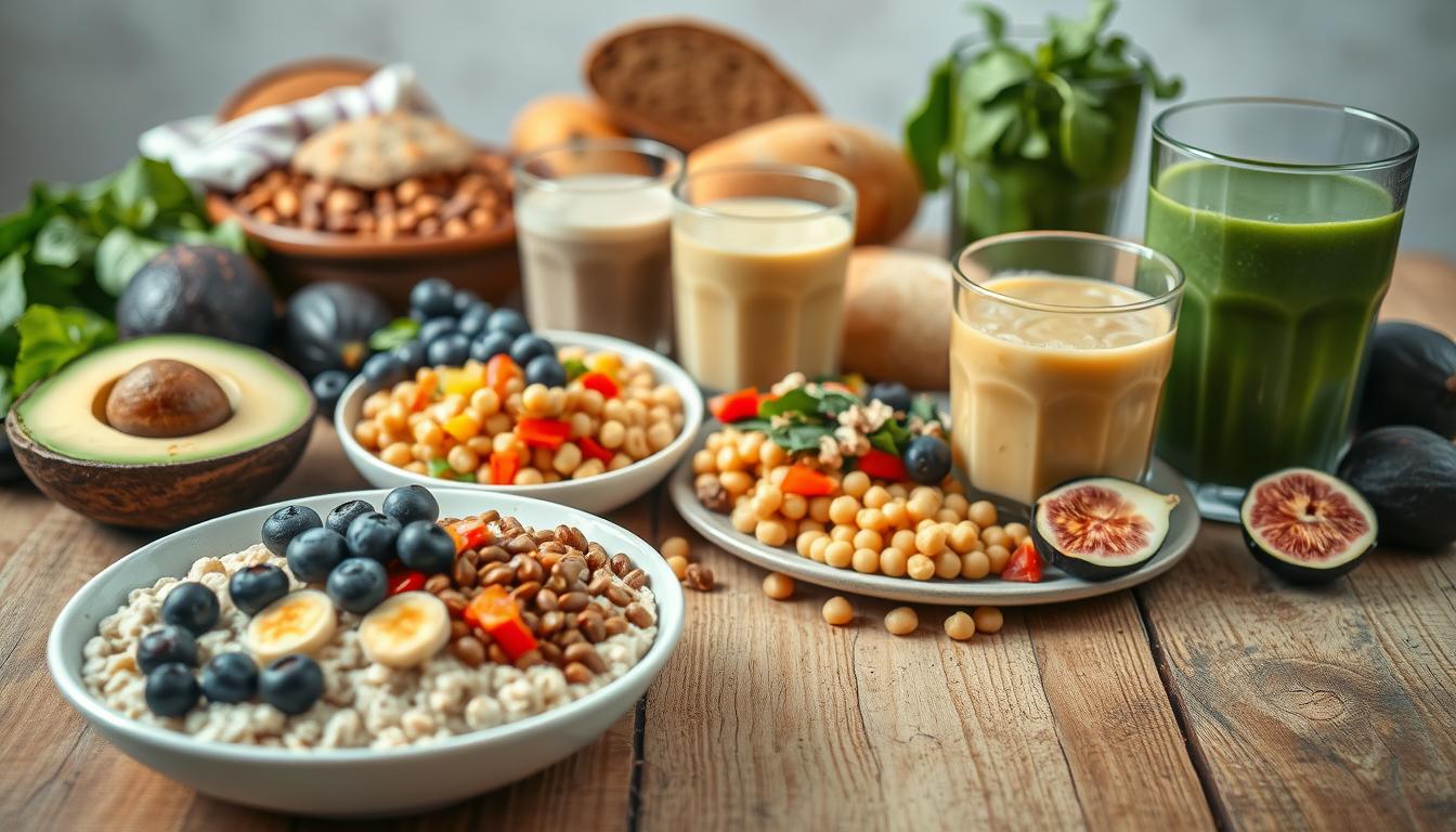A vibrant and colorful display of a variety of soluble fiber foods arranged on a rustic wooden table. In the foreground, showcase a bowl of oatmeal topped with fresh blueberries and sliced bananas. Next to it, add a small plate of lentils, and a colorful salad composed of chickpeas, diced bell peppers, and chopped spinach. In the middle ground, feature glasses of fiber-rich smoothies made from avocados and spinach, with a drizzle of honey. In the background, highlight Mediterranean ingredients, such as whole grain breads and figs, surrounded by soft, natural lighting. Use a slightly elevated angle to capture the arrangement, creating a warm and inviting atmosphere that emphasizes health and vitality. Get well and stay well, Ray Baker. A vibrant and colorful display of a variety of soluble fiber foods arranged on a rustic wooden table. In the foreground, showcase a bowl of oatmeal topped with fresh blueberries and sliced bananas. Next to it, add a small plate of lentils, and a colorful salad composed of chickpeas, diced bell peppers, and chopped spinach. In the middle ground, feature glasses of fiber-rich smoothies made from avocados and spinach, with a drizzle of honey. In the background, highlight Mediterranean ingredients, such as whole grain breads and figs, surrounded by soft, natural lighting. Use a slightly elevated angle to capture the arrangement, creating a warm and inviting atmosphere that emphasizes health and vitality. Get well and stay well, Ray Baker.