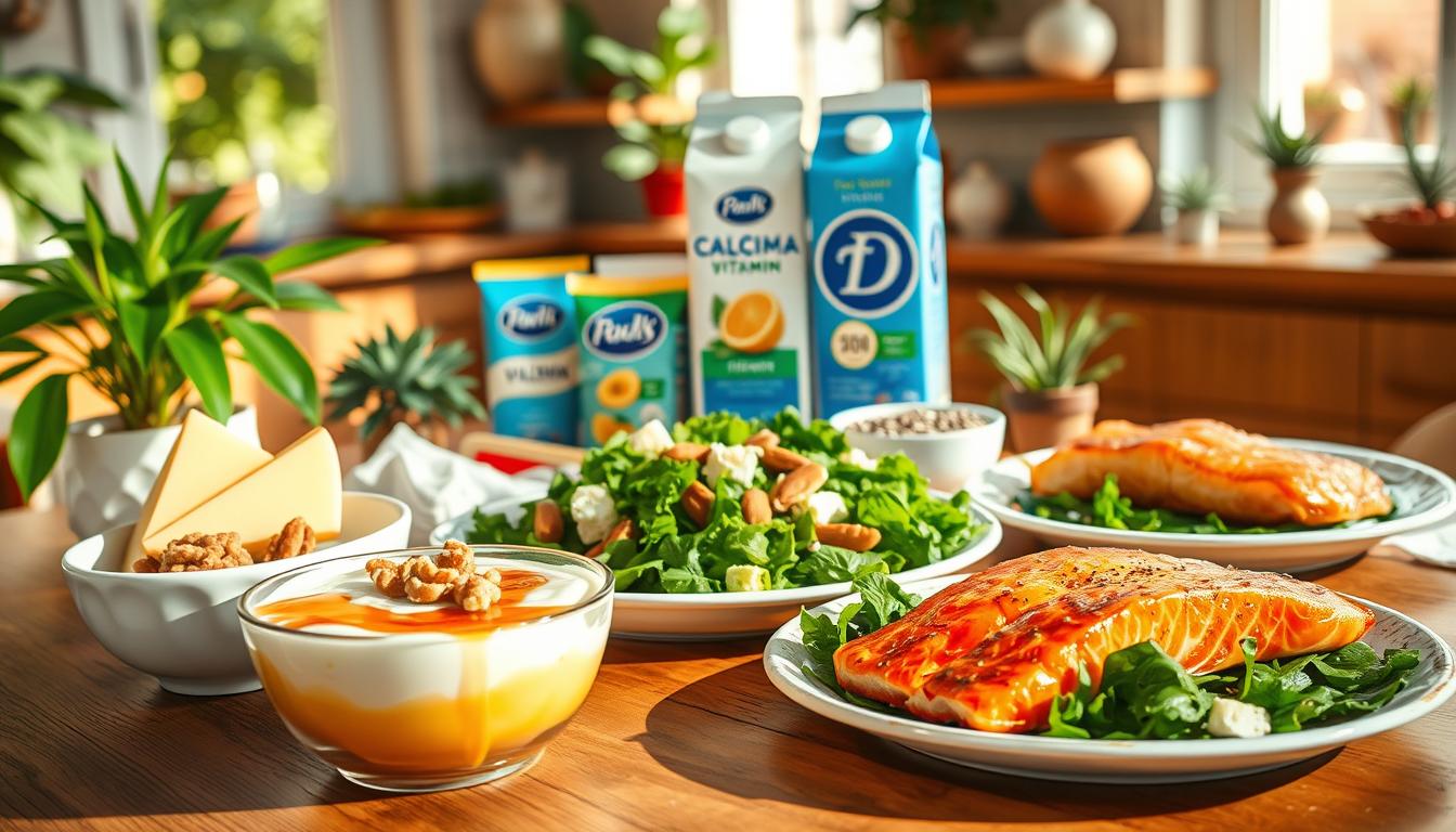 A vibrant and healthy food display highlighting calcium, vitamin D, and protein sources ideal for bone health after 50. In the foreground, a wooden table laden with fresh Mediterranean dishes: a bowl of Greek yogurt topped with honey and walnuts, a colorful salad with leafy greens, almonds, and feta cheese, and a plate of grilled salmon. In the middle, an arrangement of food packages including cheese, milk fortified with vitamin D, and a small bowl of chia seeds. The background features a warm, sunlit kitchen with houseplants and decorative pottery, creating an inviting atmosphere. Soft, natural lighting gently illuminates the scene, emphasizing the freshness of the ingredients. The image conveys a sense of wellness and vitality through nourishing foods. Get well and stay well, Ray Baker. A vibrant and healthy food display highlighting calcium, vitamin D, and protein sources ideal for bone health after 50. In the foreground, a wooden table laden with fresh Mediterranean dishes: a bowl of Greek yogurt topped with honey and walnuts, a colorful salad with leafy greens, almonds, and feta cheese, and a plate of grilled salmon. In the middle, an arrangement of food packages including cheese, milk fortified with vitamin D, and a small bowl of chia seeds. The background features a warm, sunlit kitchen with houseplants and decorative pottery, creating an inviting atmosphere. Soft, natural lighting gently illuminates the scene, emphasizing the freshness of the ingredients. The image conveys a sense of wellness and vitality through nourishing foods. Get well and stay well, Ray Baker.