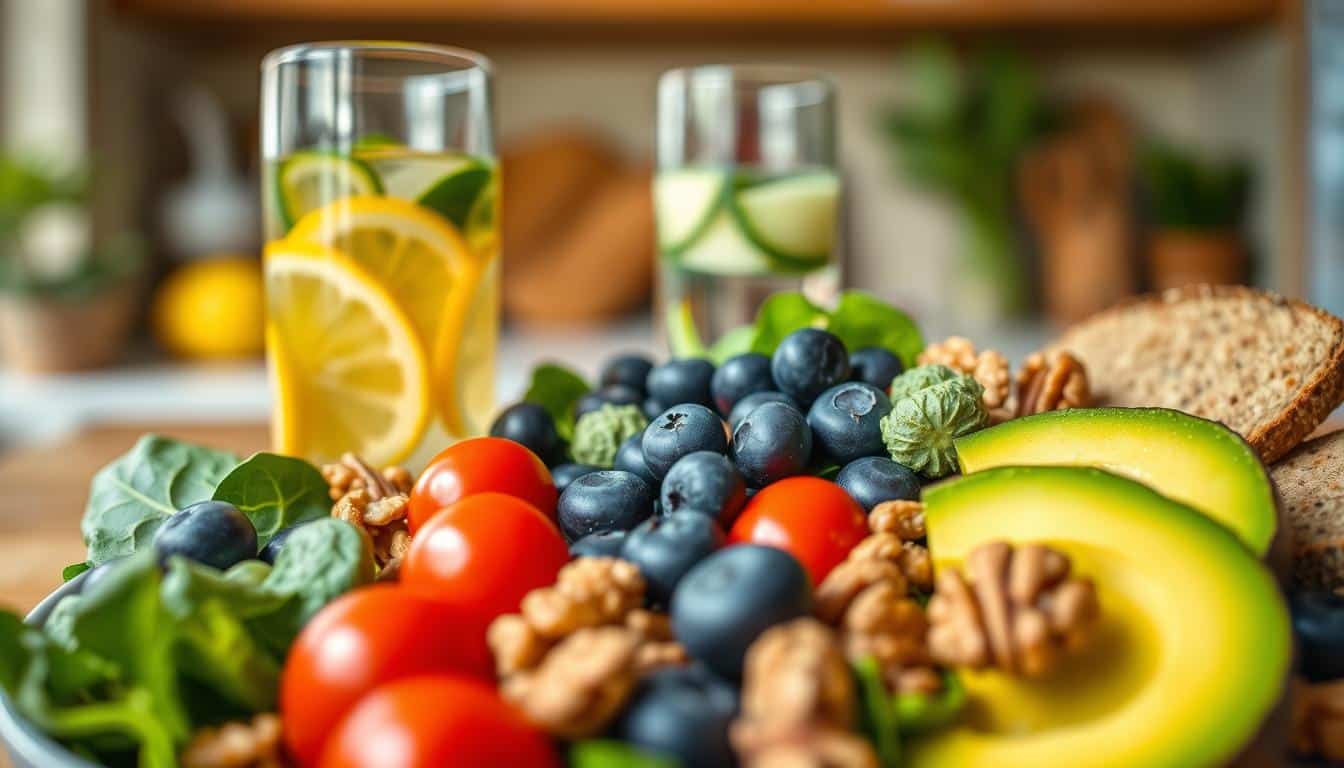 A vibrant and inviting close-up of a beautifully arranged plate of heart-healthy foods designed to lower blood pressure. In the foreground, include a colorful assortment of fresh spinach, blueberries, walnuts, and avocados artfully arranged alongside bright cherry tomatoes and slices of whole-grain bread. The middle ground should feature a glass of infused water, showcasing slices of lemon and cucumber for added refreshment. In the background, a softly blurred kitchen setting with warm, natural lighting creates a cheerful atmosphere, hinting at a well-organized, healthy cooking space. Use a shallow depth of field to emphasize the freshness of the ingredients, evoking a feeling of vitality and well-being. Get well and stay well, Ray Baker. A vibrant and inviting close-up of a beautifully arranged plate of heart-healthy foods designed to lower blood pressure. In the foreground, include a colorful assortment of fresh spinach, blueberries, walnuts, and avocados artfully arranged alongside bright cherry tomatoes and slices of whole-grain bread. The middle ground should feature a glass of infused water, showcasing slices of lemon and cucumber for added refreshment. In the background, a softly blurred kitchen setting with warm, natural lighting creates a cheerful atmosphere, hinting at a well-organized, healthy cooking space. Use a shallow depth of field to emphasize the freshness of the ingredients, evoking a feeling of vitality and well-being. Get well and stay well, Ray Baker.