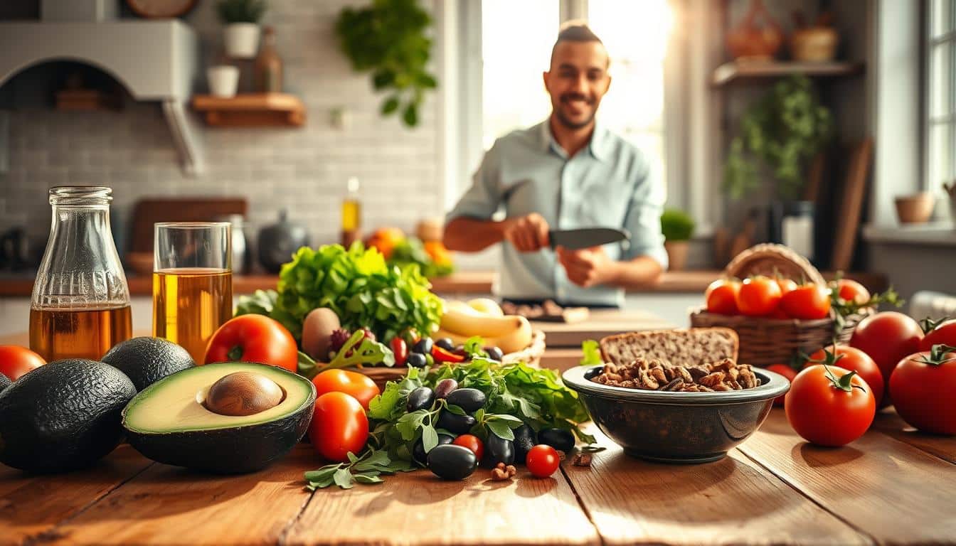 A vibrant and inviting kitchen scene focused on the theme of boosting brain health through nutrition. In the foreground, a wooden table is adorned with colorful Mediterranean ingredients: ripe avocados, fresh leafy greens, bright red tomatoes, olives, and a bowl of nuts. A glass of olive oil and a platter of whole-grain bread sit nearby, radiating warmth. In the middle ground, a person in professional casual attire carefully slices fresh vegetables, embodying the art of healthy cooking. To the background, a sunlit window allows natural light to pour in, illuminating the space and enhancing the mood of wellness and vitality. The atmosphere is cheerful and inspiring, conveying a sense of nourishment and mental clarity. Get well and stay well, Ray Baker. A vibrant and inviting kitchen scene focused on the theme of boosting brain health through nutrition. In the foreground, a wooden table is adorned with colorful Mediterranean ingredients: ripe avocados, fresh leafy greens, bright red tomatoes, olives, and a bowl of nuts. A glass of olive oil and a platter of whole-grain bread sit nearby, radiating warmth. In the middle ground, a person in professional casual attire carefully slices fresh vegetables, embodying the art of healthy cooking. To the background, a sunlit window allows natural light to pour in, illuminating the space and enhancing the mood of wellness and vitality. The atmosphere is cheerful and inspiring, conveying a sense of nourishment and mental clarity. Get well and stay well, Ray Baker.