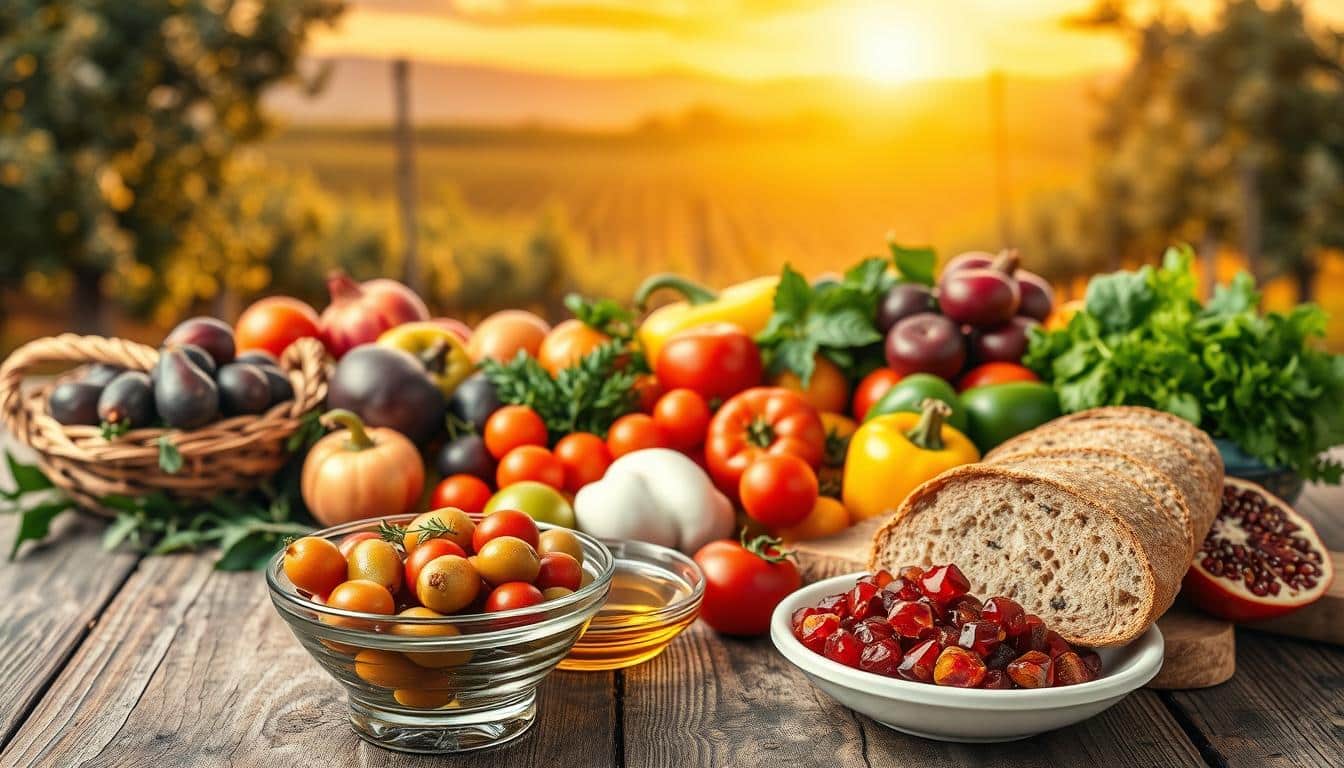 A vibrant arrangement of Mediterranean foods promoting stroke prevention, displayed on a rustic wooden table. In the foreground, a colorful bowl of mixed olives, a small dish of extra virgin olive oil with herbs, and a variety of whole grain breads. In the middle, fresh fruits like figs and pomegranates, alongside vegetables such as ripe tomatoes, bell peppers, and leafy greens. The background features soft-focus images of vineyards and olive groves under a warm, golden sunset light that evokes a serene atmosphere. The composition is well-lit, emphasizing the richness of the colors, with a slight depth of field to draw attention to the foods in the foreground. Get well and stay well, Ray Baker. A vibrant arrangement of Mediterranean foods promoting stroke prevention, displayed on a rustic wooden table. In the foreground, a colorful bowl of mixed olives, a small dish of extra virgin olive oil with herbs, and a variety of whole grain breads. In the middle, fresh fruits like figs and pomegranates, alongside vegetables such as ripe tomatoes, bell peppers, and leafy greens. The background features soft-focus images of vineyards and olive groves under a warm, golden sunset light that evokes a serene atmosphere. The composition is well-lit, emphasizing the richness of the colors, with a slight depth of field to draw attention to the foods in the foreground. Get well and stay well, Ray Baker.