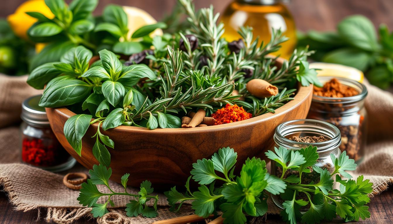 A vibrant arrangement of Mediterranean herbs and spices, including fresh basil, oregano, rosemary, and thyme, artfully displayed in a rustic wooden bowl surrounded by small jars of spices like paprika, cumin, and sumac. In the foreground, a sprig of fresh parsley adds a pop of color. Soft, warm lighting highlights the rich green hues of the herbs and the earthy tones of the spices, creating an inviting atmosphere. In the background, a textured cloth adds depth, while a blurred olive oil bottle and lemon wedges suggest a culinary context. The composition promotes a sense of health and flavor, ideal for showcasing the essential elements of Mediterranean cooking. Get well and stay well, Ray Baker.