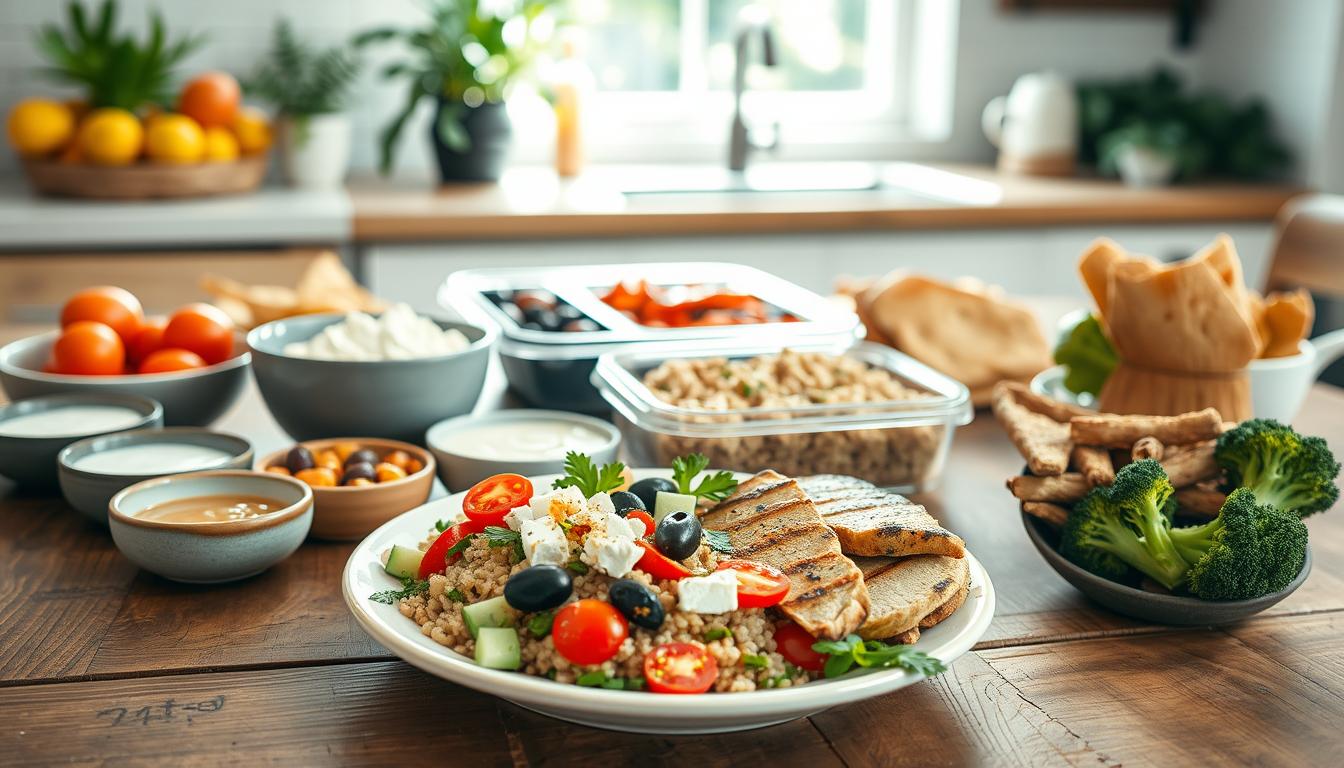 A vibrant assortment of healthy Mediterranean meals arranged neatly on a rustic wooden table. In the foreground, focus on a colorful plate filled with quinoa salad, cherry tomatoes, cucumber, olives, and feta cheese, garnished with fresh herbs. Surrounding it are small bowls of tzatziki and hummus, with whole wheat pita bread and roasted vegetables artfully displayed. In the middle of the scene, incorporate a stylish meal prep container with a balanced portion of grilled chicken, brown rice, and steamed broccoli. The background features a sunlit kitchen setting, with greenery and bright fruit on the counter, creating a warm, inviting atmosphere. Soft, natural lighting enhances the fresh ingredients. Capture this scene from a slightly elevated angle to show the variety and appeal of these budget-friendly meals. Get well and stay well, Ray Baker. A vibrant assortment of healthy Mediterranean meals arranged neatly on a rustic wooden table. In the foreground, focus on a colorful plate filled with quinoa salad, cherry tomatoes, cucumber, olives, and feta cheese, garnished with fresh herbs. Surrounding it are small bowls of tzatziki and hummus, with whole wheat pita bread and roasted vegetables artfully displayed. In the middle of the scene, incorporate a stylish meal prep container with a balanced portion of grilled chicken, brown rice, and steamed broccoli. The background features a sunlit kitchen setting, with greenery and bright fruit on the counter, creating a warm, inviting atmosphere. Soft, natural lighting enhances the fresh ingredients. Capture this scene from a slightly elevated angle to show the variety and appeal of these budget-friendly meals. Get well and stay well, Ray Baker.