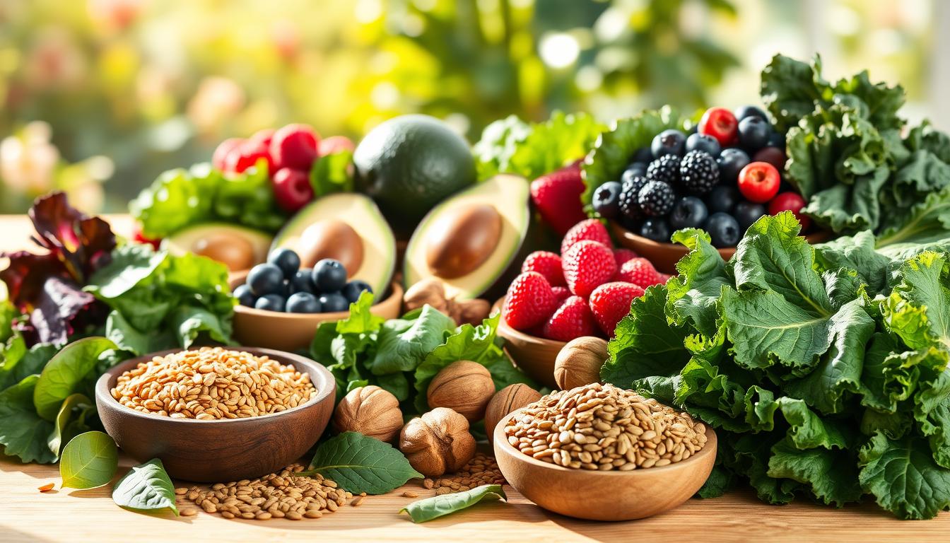 A vibrant assortment of plant-based sources of omega-3, set against a bright, natural backdrop. In the foreground, showcase an array of rich, dark green leafy vegetables, like spinach and kale, alongside a wooden bowl filled with golden flaxseeds and chia seeds. In the middle ground, display fresh avocados, walnuts, and beautiful vibrant berries for a pop of color. Soft, natural lighting filters through, casting gentle shadows to enhance the textures of the ingredients. The background features a softly blurred garden scene, suggesting warmth and vitality. The atmosphere is inviting and healthy, evoking a sense of nourishment and wellness. Get well and stay well, Ray Baker. A vibrant assortment of plant-based sources of omega-3, set against a bright, natural backdrop. In the foreground, showcase an array of rich, dark green leafy vegetables, like spinach and kale, alongside a wooden bowl filled with golden flaxseeds and chia seeds. In the middle ground, display fresh avocados, walnuts, and beautiful vibrant berries for a pop of color. Soft, natural lighting filters through, casting gentle shadows to enhance the textures of the ingredients. The background features a softly blurred garden scene, suggesting warmth and vitality. The atmosphere is inviting and healthy, evoking a sense of nourishment and wellness. Get well and stay well, Ray Baker.