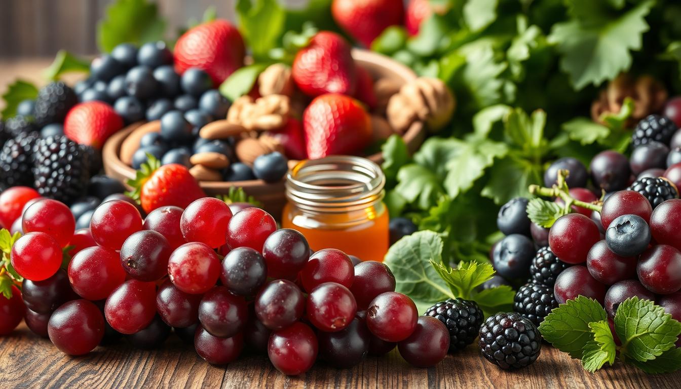 A vibrant, close-up composition of various polyphenol-rich foods that are known to help reduce inflammation, prominently featuring fresh berries like blueberries, strawberries, and blackberries, alongside green leafy vegetables such as kale and spinach. In the foreground, glistening red and black grapes spill onto a rustic wooden table. The middle layer highlights a bowl filled with nuts, including walnuts and almonds, and a small jar of honey. The background features soft, natural lighting that enhances the vivid colors of the foods, creating a warm and inviting atmosphere. The focus is sharp, with a slight depth of field to blur the background subtly, emphasizing the nutritious foods. The overall mood is uplifting and health-oriented, conveying a sense of wellness. Get well and stay well, Ray Baker. A vibrant, close-up composition of various polyphenol-rich foods that are known to help reduce inflammation, prominently featuring fresh berries like blueberries, strawberries, and blackberries, alongside green leafy vegetables such as kale and spinach. In the foreground, glistening red and black grapes spill onto a rustic wooden table. The middle layer highlights a bowl filled with nuts, including walnuts and almonds, and a small jar of honey. The background features soft, natural lighting that enhances the vivid colors of the foods, creating a warm and inviting atmosphere. The focus is sharp, with a slight depth of field to blur the background subtly, emphasizing the nutritious foods. The overall mood is uplifting and health-oriented, conveying a sense of wellness. Get well and stay well, Ray Baker.