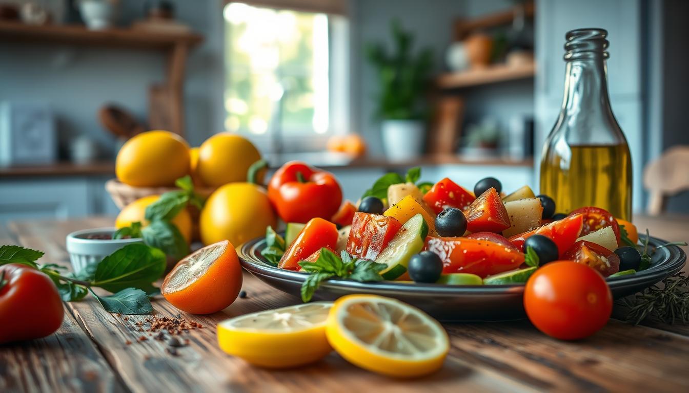 A vibrant, close-up image of a beautifully plated Mediterranean dish that exudes flavor without salt. In the foreground, a colorful array of roasted red bell peppers, fresh lemons, and herbs like basil and parsley are artfully arranged on a rustic wooden table. A small bowl of zesty chili flakes and a bottle of olive oil with a sprig of rosemary add an element of warmth and aroma. In the middle ground, a Mediterranean-style salad featuring ripe tomatoes, cucumbers, and olives is drizzled with a tangy dressing, glistening in the soft, natural light. The background features a blurred view of a sunlit kitchen, creating a cozy atmosphere that highlights the importance of acid and heat in enhancing flavors. Soft, diffused lighting adds a warm glow to the scene. Get well and stay well, Ray Baker.