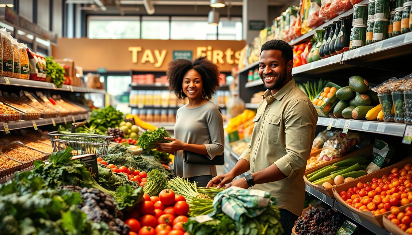 A vibrant grocery store aisle filled with fresh, heart-healthy foods. In the foreground, a diverse couple, dressed in casual yet presentable clothing, happily choosing vegetables like kale, spinach, and tomatoes. The middle ground features shelves stocked with whole grains, nuts, and fruits such as berries and avocados, all arranged invitingly. In the background, colorful signage highlights healthy food options, illuminated by natural light streaming through the store windows. The atmosphere is warm and inviting, reflecting a sense of community and wellness, encouraging viewers to embrace a healthy lifestyle. The image is captured at a slight angle to add depth and dynamism. Get well and stay well, Ray Baker. A vibrant grocery store aisle filled with fresh, heart-healthy foods. In the foreground, a diverse couple, dressed in casual yet presentable clothing, happily choosing vegetables like kale, spinach, and tomatoes. The middle ground features shelves stocked with whole grains, nuts, and fruits such as berries and avocados, all arranged invitingly. In the background, colorful signage highlights healthy food options, illuminated by natural light streaming through the store windows. The atmosphere is warm and inviting, reflecting a sense of community and wellness, encouraging viewers to embrace a healthy lifestyle. The image is captured at a slight angle to add depth and dynamism. Get well and stay well, Ray Baker.