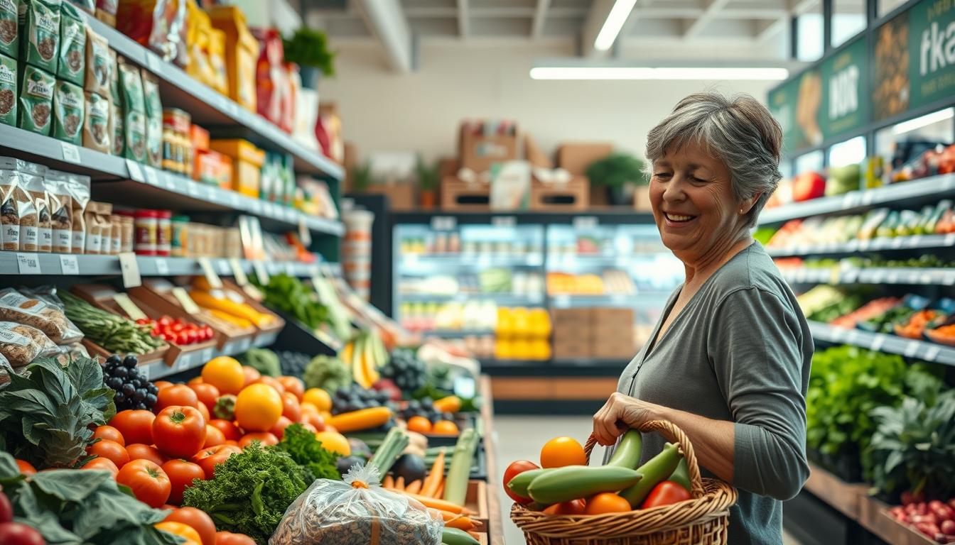 A vibrant grocery store interior filled with fresh produce and healthy food options. In the foreground, a middle-aged woman in casual clothing inspects a basket filled with colorful fruits and vegetables, exuding enthusiasm. The middle ground features neatly organized shelves stocked with whole grains, legumes, and low-sugar snacks. In the background, a sunlit produce section creates a warm atmosphere, highlighting the variety of fresh herbs and organic products. The scene is captured from a slightly low angle to emphasize the abundance and accessibility of healthy choices. The soft, natural lighting enhances the colors and creates an inviting environment for people seeking to manage their prediabetes. Get well and stay well, Ray Baker.