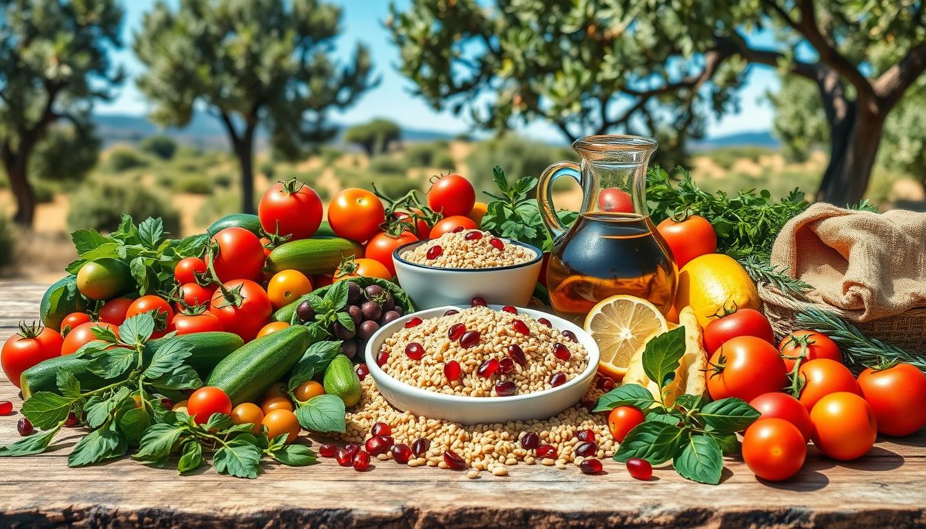 A vibrant, inviting display of Mediterranean cardiovascular foods arranged artfully on a rustic wooden table. In the foreground, a colorful assortment of fresh ingredients including ripe tomatoes, crisp cucumbers, glistening olives, and a variety of herbs such as basil and parsley. In the middle, a bright bowl of whole grains, perhaps quinoa or farro, sprinkled with pomegranate seeds, accompanied by a pitcher of golden olive oil. The background features a sun-drenched Mediterranean landscape with olive trees and a clear blue sky, enhancing the atmosphere of health and vitality. Soft, natural lighting highlights the fresh colors of the foods, creating a warm and uplifting mood. The composition is captured from a slightly elevated angle, inviting viewers to appreciate the beauty and abundance of these heart-healthy foods. Get well and stay well, Ray Baker. A vibrant, inviting display of Mediterranean cardiovascular foods arranged artfully on a rustic wooden table. In the foreground, a colorful assortment of fresh ingredients including ripe tomatoes, crisp cucumbers, glistening olives, and a variety of herbs such as basil and parsley. In the middle, a bright bowl of whole grains, perhaps quinoa or farro, sprinkled with pomegranate seeds, accompanied by a pitcher of golden olive oil. The background features a sun-drenched Mediterranean landscape with olive trees and a clear blue sky, enhancing the atmosphere of health and vitality. Soft, natural lighting highlights the fresh colors of the foods, creating a warm and uplifting mood. The composition is captured from a slightly elevated angle, inviting viewers to appreciate the beauty and abundance of these heart-healthy foods. Get well and stay well, Ray Baker.