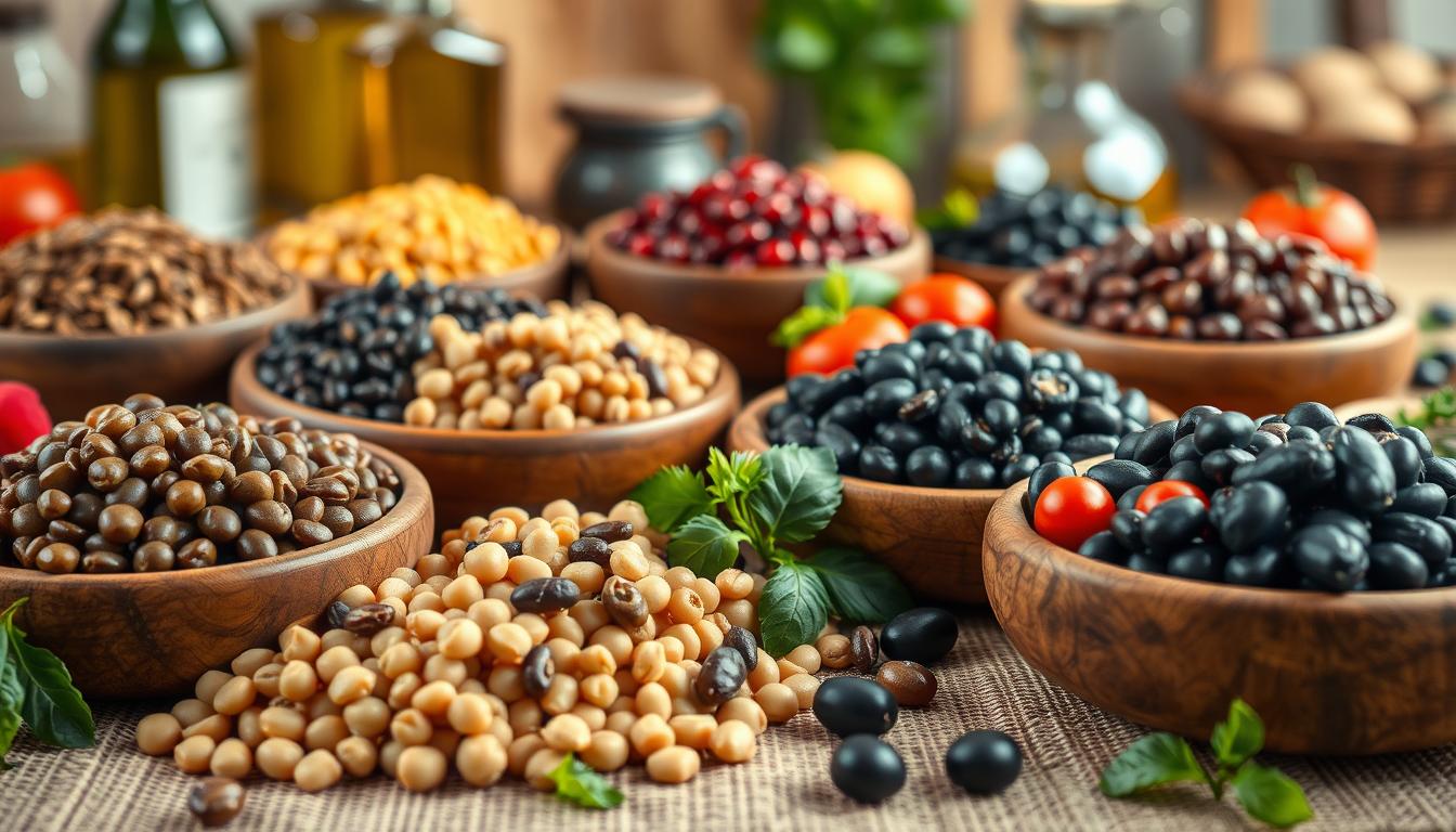A vibrant, inviting still-life arrangement featuring a variety of legumes such as lentils, chickpeas, black beans, and kidney beans displayed in rustic wooden bowls. In the foreground, showcase a colorful spread with beans in different colors and textures, complemented by fresh Mediterranean vegetables like olives and cherry tomatoes, emphasizing their natural appeal. In the middle ground, incorporate a textured tablecloth with a hint of greenery from herbs like parsley and basil scattered around, suggesting freshness. The background should feature soft, warm lighting to evoke a cozy kitchen atmosphere, with blurred elements like olive oil bottles and cooking utensils, creating a homey feel. Use a shallow depth of field to keep the focus on the legumes, inspiring a sense of health and well-being. Get well and stay well, Ray Baker.