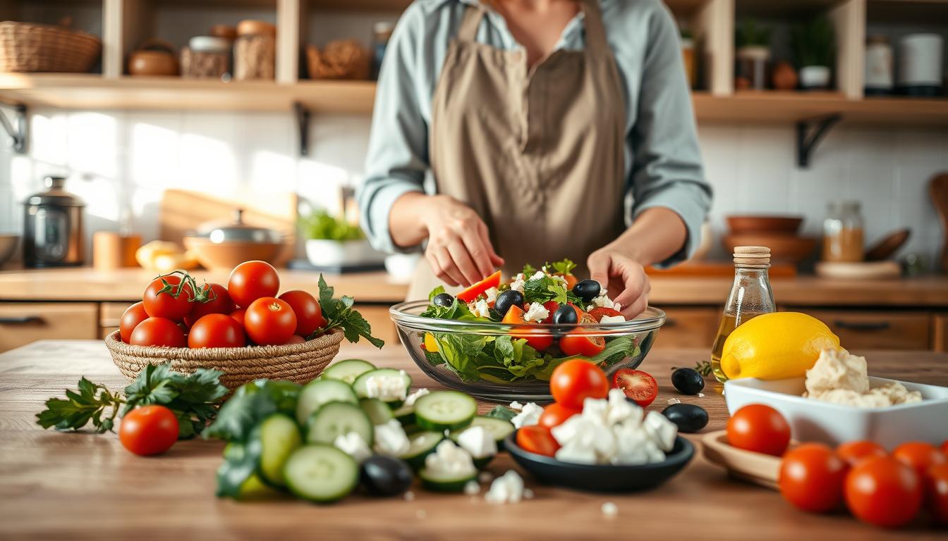 A vibrant kitchen scene featuring quick Mediterranean meals prepared in minutes. In the foreground, a beautifully arranged wooden kitchen table showcases a colorful spread of fresh ingredients: ripe cherry tomatoes, crisp cucumbers, olives, feta cheese, and a drizzle of olive oil. In the middle, a talented cook in modest casual attire is assembling a Mediterranean salad, their hands gracefully mixing the ingredients. In the background, sunlit shelves filled with pantry staples like grains, herbs, and spices enhance the warm atmosphere. Soft natural lighting streams through a window, illuminating the textures of the food and creating a cheerful and inviting mood. The overall composition should evoke a sense of freshness and simplicity, emphasizing the ease and appeal of quick Mediterranean meals. Get well and stay well, Ray Baker. A vibrant kitchen scene featuring quick Mediterranean meals prepared in minutes. In the foreground, a beautifully arranged wooden kitchen table showcases a colorful spread of fresh ingredients: ripe cherry tomatoes, crisp cucumbers, olives, feta cheese, and a drizzle of olive oil. In the middle, a talented cook in modest casual attire is assembling a Mediterranean salad, their hands gracefully mixing the ingredients. In the background, sunlit shelves filled with pantry staples like grains, herbs, and spices enhance the warm atmosphere. Soft natural lighting streams through a window, illuminating the textures of the food and creating a cheerful and inviting mood. The overall composition should evoke a sense of freshness and simplicity, emphasizing the ease and appeal of quick Mediterranean meals. Get well and stay well, Ray Baker.
