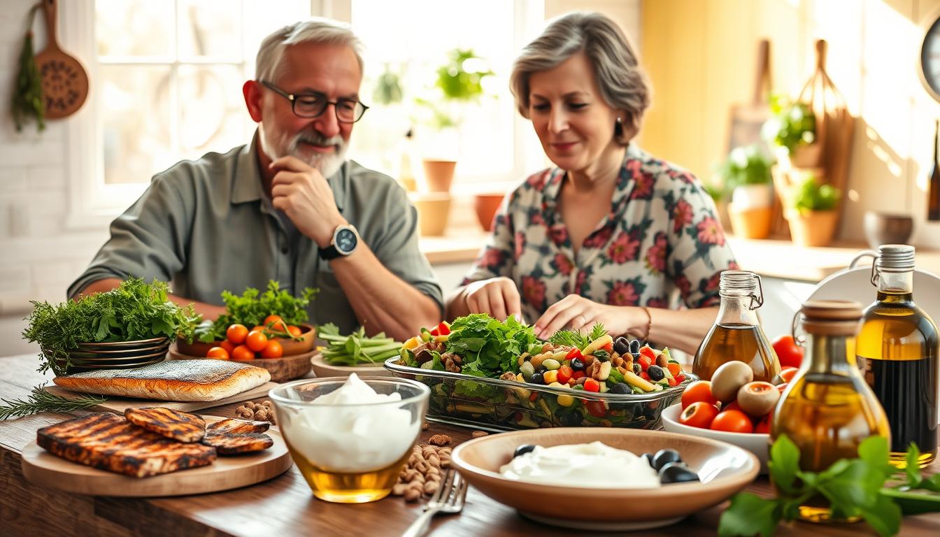 A vibrant kitchen setting filled with sunlight, showcasing a wooden table laden with various protein-rich Mediterranean foods, such as grilled fish, legumes, nuts, and Greek yogurt. In the foreground, a thoughtful senior couple, dressed in modest casual clothing, are joyfully preparing a meal together, with a focus on a colorful salad bursting with fresh ingredients. The middle ground features a bowl of olives and a jug of olive oil, highlighting the Mediterranean diet's emphasis on healthy fats. The background gently fades into a cheerful wall with herbs hanging and soft light filtering in through a window, creating a warm and inviting atmosphere. The scene conveys health, collaboration, and vitality. Get well and stay well, Ray Baker.