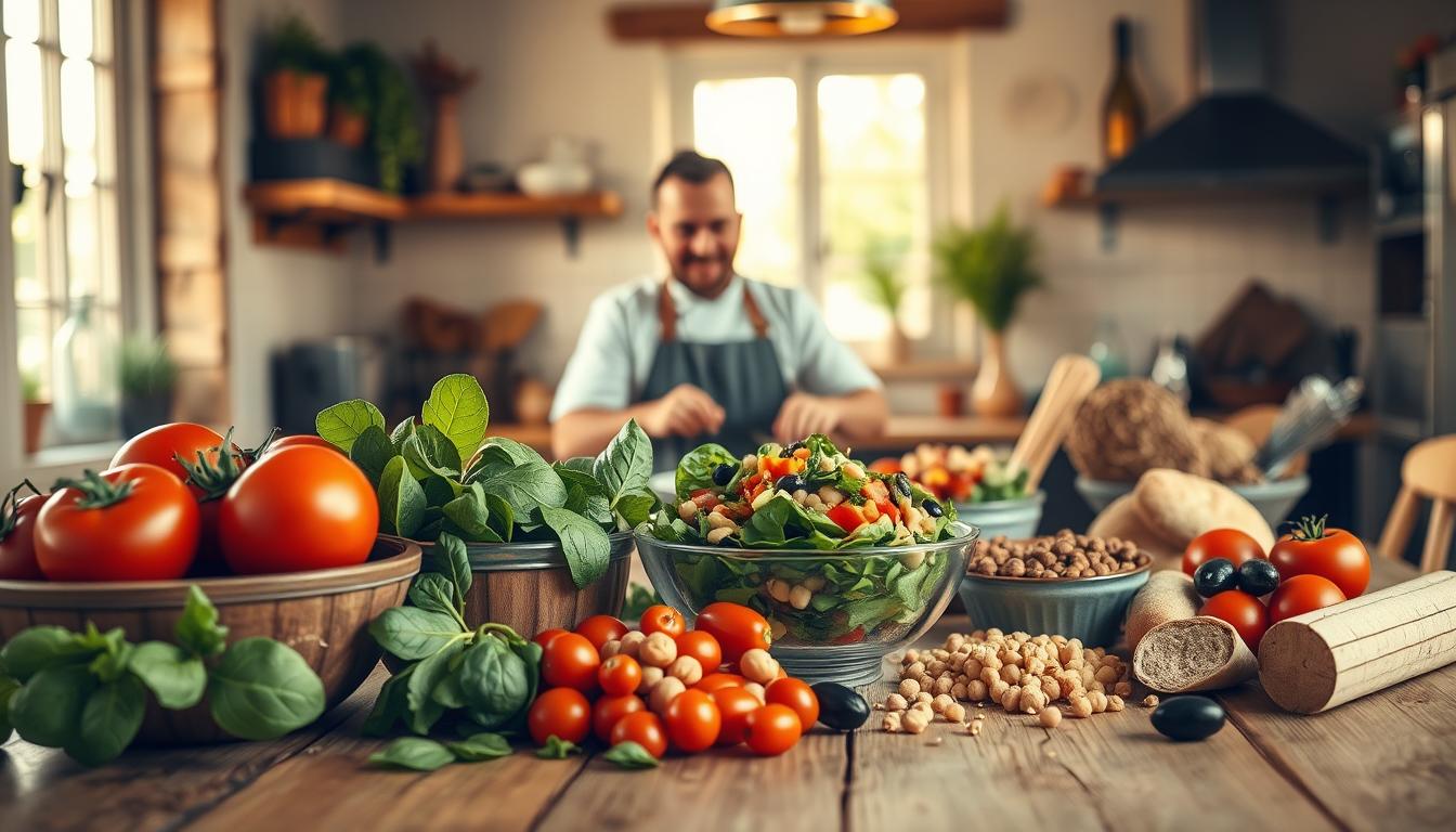 A vibrant, rustic Mediterranean kitchen scene set on a wooden table. In the foreground, a collection of nutrient-dense ingredients fills bowls: ripe tomatoes, cucumbers, fresh spinach, chickpeas, olives, and whole grain bread, all displaying their rich colors. The middle ground features a chef in a modest, professional attire, enthusiastically preparing a colorful salad, with herbs and spices sprinkled around. In the background, sunlit windows allow warm, golden light to stream in, creating a cozy and inviting atmosphere. The setting exudes freshness and accessibility, emphasizing healthy eating on a budget with a soft focus on the ingredients. Warm, natural lighting enhances the earthy color palette, making the scene feel both affordable and satisfying. Get well and stay well, Ray Baker. A vibrant, rustic Mediterranean kitchen scene set on a wooden table. In the foreground, a collection of nutrient-dense ingredients fills bowls: ripe tomatoes, cucumbers, fresh spinach, chickpeas, olives, and whole grain bread, all displaying their rich colors. The middle ground features a chef in a modest, professional attire, enthusiastically preparing a colorful salad, with herbs and spices sprinkled around. In the background, sunlit windows allow warm, golden light to stream in, creating a cozy and inviting atmosphere. The setting exudes freshness and accessibility, emphasizing healthy eating on a budget with a soft focus on the ingredients. Warm, natural lighting enhances the earthy color palette, making the scene feel both affordable and satisfying. Get well and stay well, Ray Baker.