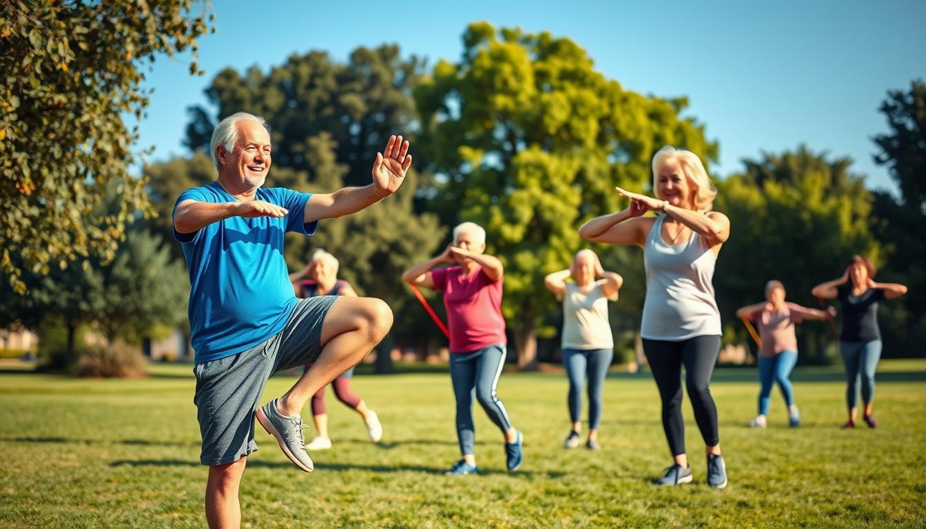 A vibrant scene depicting a group of active seniors, representing various ethnicities, engaged in a light outdoor exercise session, such as yoga or tai chi, in a sunlit park. In the foreground, a fit elderly man in a blue athletic shirt and gray shorts balances on one leg, while a smiling elderly woman in a pastel sports top stretches next to him. In the middle ground, a few more seniors are practicing strength exercises with resistance bands, showcasing their dedication to muscle preservation. The background features lush green trees and a clear blue sky, enhancing the mood of vitality and wellness. Soft morning light casts gentle shadows, creating a warm and inviting atmosphere. Get well and stay well, Ray Baker.