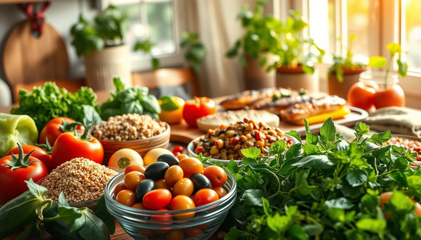 A vibrant tabletop scene showcasing a Mediterranean diet, emphasizing colon health. In the foreground, a colorful display of fresh vegetables like tomatoes, bell peppers, and leafy greens, alongside whole grains such as barley and quinoa. A bowl of antioxidant-rich olives glistens under soft, warm lighting. In the middle ground, a rustic wooden table holds a platter of grilled fish and legumes, symbolizing healthy protein sources. The background features a sun-soaked kitchen window, with herbs like basil and oregano in potted plants, lending a cozy, inviting atmosphere. The composition captures the essence of healthy eating within the Mediterranean context, with a slight depth of field effect to focus on the food. Overall, a warm, cheerful mood evokes a sense of wellness and nourishment. Get well and stay well, Ray Baker.