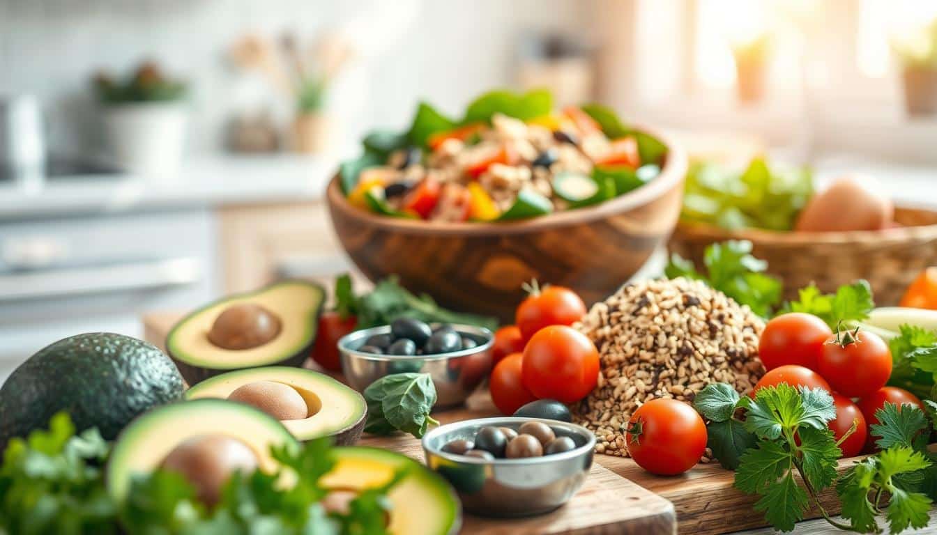 A vibrant, well-organized display of foods beneficial for liver health, showcasing a variety of ingredients from the Mediterranean diet. In the foreground, a wooden cutting board features fresh ingredients like avocados, olives, cherry tomatoes, and leafy greens, with a small bowl of olive oil and herbs. In the middle ground, a colorful salad with quinoa and mixed vegetables is presented in a rustic bowl, surrounded by whole grains and nuts. The background reveals a sunlit kitchen setting, with soft natural light filtering through a window, creating a warm and inviting atmosphere. The focus is sharp, with a slight bokeh effect on the background for depth. The scene evokes feelings of health, vitality, and nourishment, encouraging the viewer to embrace a lifestyle that supports liver health. Get well and stay well, Ray Baker. A vibrant, well-organized display of foods beneficial for liver health, showcasing a variety of ingredients from the Mediterranean diet. In the foreground, a wooden cutting board features fresh ingredients like avocados, olives, cherry tomatoes, and leafy greens, with a small bowl of olive oil and herbs. In the middle ground, a colorful salad with quinoa and mixed vegetables is presented in a rustic bowl, surrounded by whole grains and nuts. The background reveals a sunlit kitchen setting, with soft natural light filtering through a window, creating a warm and inviting atmosphere. The focus is sharp, with a slight bokeh effect on the background for depth. The scene evokes feelings of health, vitality, and nourishment, encouraging the viewer to embrace a lifestyle that supports liver health. Get well and stay well, Ray Baker.