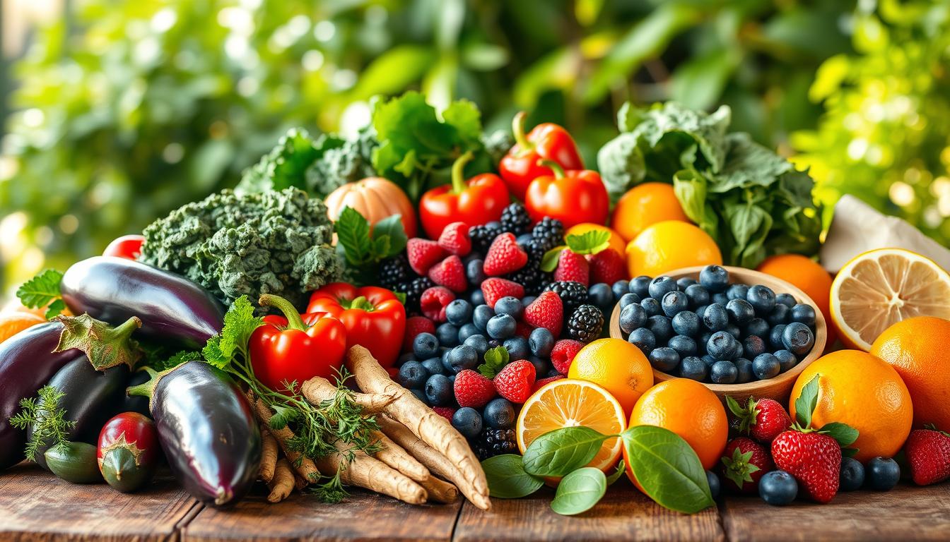 A vivid arrangement of colorful plant foods on a rustic wooden table, featuring a variety of fresh fruits and vegetables. In the foreground, highlights of rich purple eggplants, bright red bell peppers, and deep green kale intermingle with golden turmeric roots and fresh herbs. The middle ground showcases a collection of mixed berries—blueberries, raspberries, and blackberries—alongside vibrant citrus fruits like oranges and lemons, creating a bright mosaic of color. The background includes soft, blurred greenery that evokes a sunlit Mediterranean garden, enhancing the image's vitality. Natural sunlight pours in from the left, casting gentle shadows and illuminating the textures of each food item. The mood conveys freshness and health, inspiring a sense of well-being and inspiration to embrace daily vitality. Get well and stay well, Ray Baker. A vivid arrangement of colorful plant foods on a rustic wooden table, featuring a variety of fresh fruits and vegetables. In the foreground, highlights of rich purple eggplants, bright red bell peppers, and deep green kale intermingle with golden turmeric roots and fresh herbs. The middle ground showcases a collection of mixed berries—blueberries, raspberries, and blackberries—alongside vibrant citrus fruits like oranges and lemons, creating a bright mosaic of color. The background includes soft, blurred greenery that evokes a sunlit Mediterranean garden, enhancing the image's vitality. Natural sunlight pours in from the left, casting gentle shadows and illuminating the textures of each food item. The mood conveys freshness and health, inspiring a sense of well-being and inspiration to embrace daily vitality. Get well and stay well, Ray Baker.