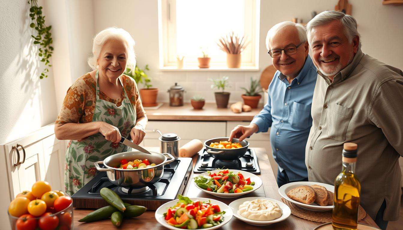 A warm, inviting scene showcasing two older adults joyfully preparing a Mediterranean meal in a sunlit kitchen. In the foreground, a cheerful elderly woman wearing a modest floral apron chops vibrant vegetables like bell peppers, tomatoes, and zucchini on a wooden cutting board. Beside her, a smiling elderly man, dressed in smart casual attire, stirs a pot of simmering olive oil and garlic on a gas stove. In the middle ground, a rustic table is set with plates featuring colorful Mediterranean dishes, including a Greek salad and hummus, alongside fresh bread and a bottle of olive oil. The background reveals a cozy kitchen adorned with plants and traditional Mediterranean décor. The atmosphere is lively and nurturing, emphasizing health and togetherness. Soft natural light filters in through a window, enhancing the warm tones. Get well and stay well, Ray Baker.