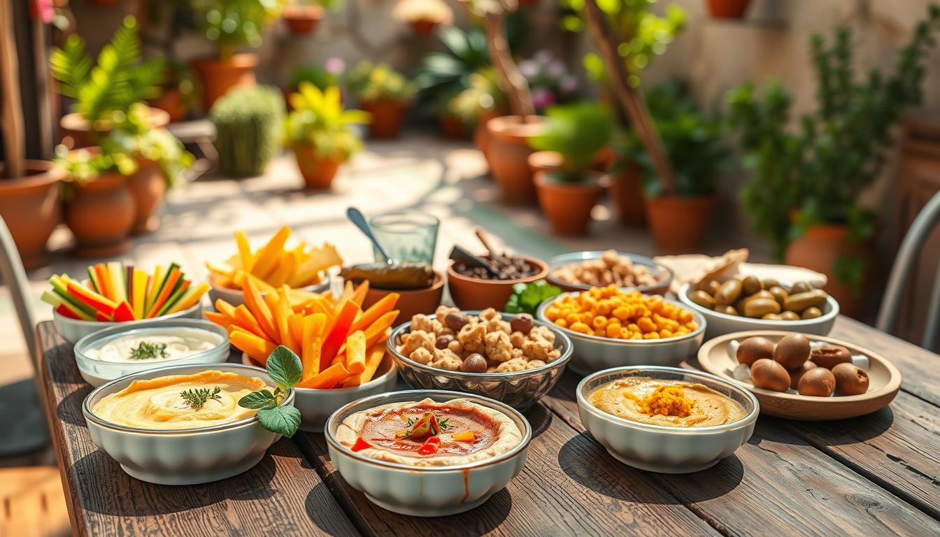 An inviting spread of high-protein Mediterranean snacks on a rustic wooden table. In the foreground, display a beautifully arranged assortment of vibrant hummus in various flavors, colorful veggie sticks, and falafel balls garnished with herbs. The middle layer features a selection of stuffed grape leaves, spiced chickpea salad, and olives in elegant bowls, surrounded by fresh pita bread. In the background, softly blurred, add a glimpse of a sunlit terrace adorned with Mediterranean greenery and terracotta pots. Natural light filters in, casting a warm, inviting glow over the scene, enhancing its freshness and flavor. The overall mood is cozy and communal, perfect for a light gathering. Capture the essence of healthy, satisfying Mediterranean fare. Get well and stay well, Ray Baker.