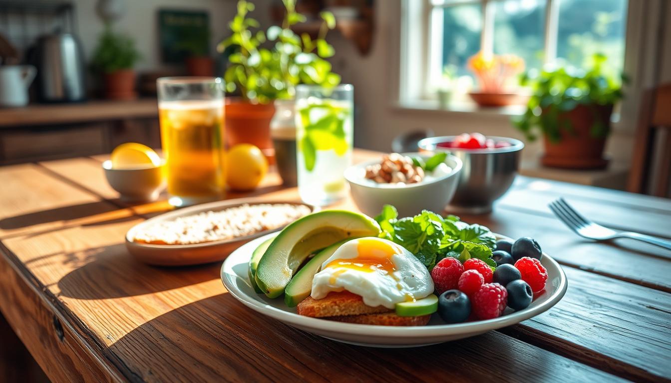 A beautifully arranged Mediterranean breakfast spread on a rustic wooden table, featuring vibrant colors and fresh ingredients that promote blood sugar balance. In the foreground, a plate filled with sliced avocado, poached eggs, whole grain toast drizzled with olive oil, and a side of mixed berries. In the middle, a bowl of Greek yogurt topped with honey and nuts, and a glass of infused lemon water with mint. The background showcases a sunlit kitchen with potted herbs and a window revealing a lush garden. Warm, natural light fills the scene, creating an inviting atmosphere. The angle is slightly elevated to capture the inviting array of food while highlighting the cozy kitchen setting. Get well and stay well, Ray Baker. A beautifully arranged Mediterranean breakfast spread on a rustic wooden table, featuring vibrant colors and fresh ingredients that promote blood sugar balance. In the foreground, a plate filled with sliced avocado, poached eggs, whole grain toast drizzled with olive oil, and a side of mixed berries. In the middle, a bowl of Greek yogurt topped with honey and nuts, and a glass of infused lemon water with mint. The background showcases a sunlit kitchen with potted herbs and a window revealing a lush garden. Warm, natural light fills the scene, creating an inviting atmosphere. The angle is slightly elevated to capture the inviting array of food while highlighting the cozy kitchen setting. Get well and stay well, Ray Baker.