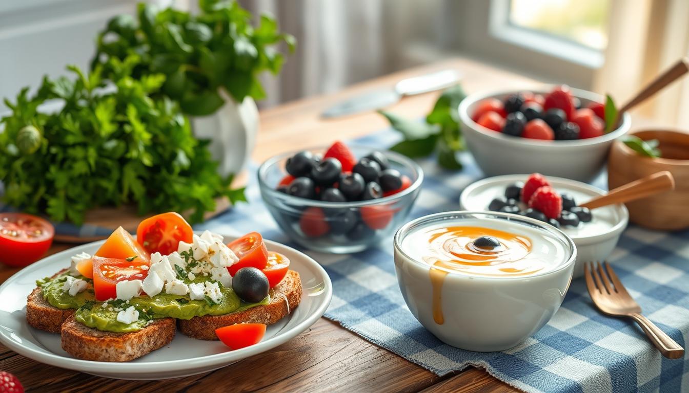 A beautifully arranged Mediterranean breakfast table showcasing a variety of healthy foods ideal for balanced blood sugar. In the foreground, there is a plate filled with whole-grain toast topped with smashed avocado and a sprinkle of feta cheese, alongside vibrant sliced tomatoes and olives. A bowl of Greek yogurt with fresh berries and a drizzle of honey sits nearby. In the middle of the scene, there's a rustic wooden table with a charming blue and white tablecloth, capturing the essence of Mediterranean dining. The background features soft, natural lighting filtering through a nearby window, casting a warm glow on fresh herbs like parsley and basil. The atmosphere is inviting and cheerful, perfect for a leisurely breakfast setting. Get well and stay well, Ray Baker. A beautifully arranged Mediterranean breakfast table showcasing a variety of healthy foods ideal for balanced blood sugar. In the foreground, there is a plate filled with whole-grain toast topped with smashed avocado and a sprinkle of feta cheese, alongside vibrant sliced tomatoes and olives. A bowl of Greek yogurt with fresh berries and a drizzle of honey sits nearby. In the middle of the scene, there's a rustic wooden table with a charming blue and white tablecloth, capturing the essence of Mediterranean dining. The background features soft, natural lighting filtering through a nearby window, casting a warm glow on fresh herbs like parsley and basil. The atmosphere is inviting and cheerful, perfect for a leisurely breakfast setting. Get well and stay well, Ray Baker.