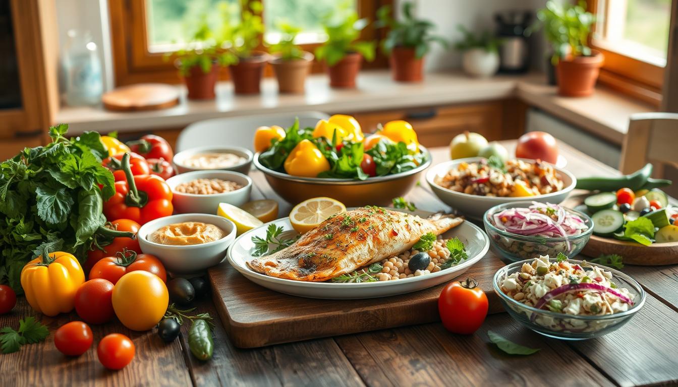 A beautifully arranged Mediterranean diet spread on a rustic wooden table, foreground featuring vibrant, fresh ingredients like ripe tomatoes, colorful bell peppers, olives, whole grains, and fresh herbs. In the middle, a carefully plated dish of grilled fish garnished with lemon and drizzled with olive oil, surrounded by small bowls of hummus and a Greek salad with feta cheese, cucumbers, and red onions. The background shows a sunlit kitchen with potted herbs on the windowsill, creating a warm, inviting atmosphere. Soft natural lighting filters through the window, enhancing the colors of the food and creating gentle shadows. The overall mood is healthy, uplifting, and encouraging, reflecting the essence of the Mediterranean diet as vital tools for cardiovascular prevention. Get well and stay well, Ray Baker. A beautifully arranged Mediterranean diet spread on a rustic wooden table, foreground featuring vibrant, fresh ingredients like ripe tomatoes, colorful bell peppers, olives, whole grains, and fresh herbs. In the middle, a carefully plated dish of grilled fish garnished with lemon and drizzled with olive oil, surrounded by small bowls of hummus and a Greek salad with feta cheese, cucumbers, and red onions. The background shows a sunlit kitchen with potted herbs on the windowsill, creating a warm, inviting atmosphere. Soft natural lighting filters through the window, enhancing the colors of the food and creating gentle shadows. The overall mood is healthy, uplifting, and encouraging, reflecting the essence of the Mediterranean diet as vital tools for cardiovascular prevention. Get well and stay well, Ray Baker.