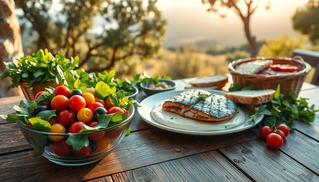 A beautifully arranged Mediterranean food spread on a rustic wooden table, showcasing vibrant, fresh ingredients. In the foreground, a colorful bowl of olives, cherry tomatoes, and green leafy vegetables like spinach and arugula. In the middle, a plate of grilled fish garnished with herbs, a small dish of hummus, and slices of whole grain bread. In the background, a soft-focused view of a Mediterranean landscape with olive trees and a serene sky, bathed in warm golden sunlight. The atmosphere is inviting and calm, encouraging healthy eating and connection. Use natural lighting for a soft, warm effect, highlighting the textures of the food. The lens should capture an overhead angle for a holistic view of the spread. Get well and stay well, Ray Baker. A beautifully arranged Mediterranean food spread on a rustic wooden table, showcasing vibrant, fresh ingredients. In the foreground, a colorful bowl of olives, cherry tomatoes, and green leafy vegetables like spinach and arugula. In the middle, a plate of grilled fish garnished with herbs, a small dish of hummus, and slices of whole grain bread. In the background, a soft-focused view of a Mediterranean landscape with olive trees and a serene sky, bathed in warm golden sunlight. The atmosphere is inviting and calm, encouraging healthy eating and connection. Use natural lighting for a soft, warm effect, highlighting the textures of the food. The lens should capture an overhead angle for a holistic view of the spread. Get well and stay well, Ray Baker.