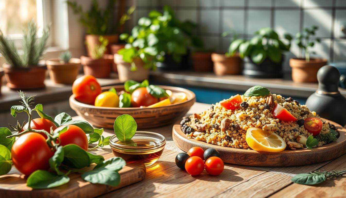 A beautifully arranged Mediterranean-inspired table featuring an array of vibrant foods known to combat oxidative stress. In the foreground, a wooden platter holds ripe tomatoes, fresh spinach, and olives, alongside a small bowl of extra virgin olive oil. The middle ground showcases a colorful salad with quinoa, nuts, and citrus slices, reflecting health and vitality. The background features a sun-drenched kitchen scene, with herbs like rosemary and basil in pots, soft natural light pouring through a window, creating a warm and inviting atmosphere. The overall mood is serene and nourishing, capturing the essence of a healthy daily routine centered on antioxidant-rich foods. Get well and stay well, Ray Baker.