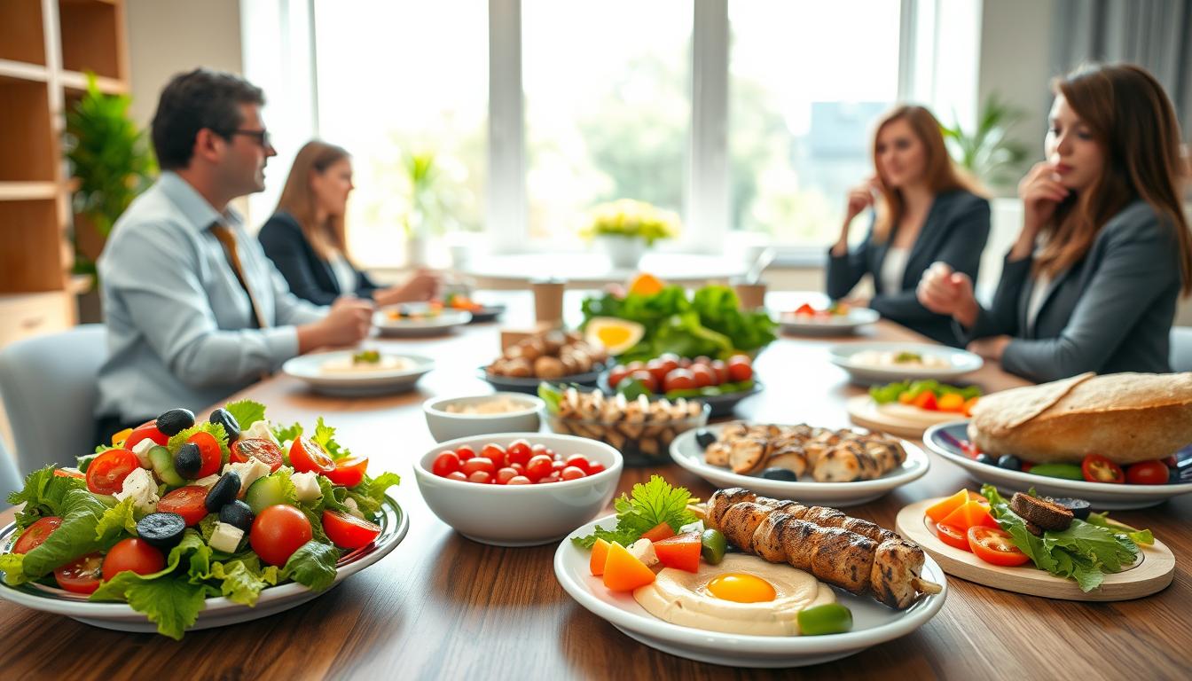 A beautifully arranged Mediterranean lunch spread on a stylish wooden table in a bright office break room. In the foreground, display a colorful selection of fresh salads featuring cherry tomatoes, cucumbers, olives, and feta cheese, surrounded by whole grain pita bread and hummus. In the middle ground, include appetizing grilled chicken skewers and a vibrant vegetable platter. In the background, natural light streams through large windows, creating a warm and inviting atmosphere. Professional individuals in modest business attire casually enjoy their lunches, sharing light conversation. The scene conveys a sense of camaraderie and healthy living, with a clean and organized workspace, perfect for an uplifting office catering environment. Get well and stay well, Ray Baker. A beautifully arranged Mediterranean lunch spread on a stylish wooden table in a bright office break room. In the foreground, display a colorful selection of fresh salads featuring cherry tomatoes, cucumbers, olives, and feta cheese, surrounded by whole grain pita bread and hummus. In the middle ground, include appetizing grilled chicken skewers and a vibrant vegetable platter. In the background, natural light streams through large windows, creating a warm and inviting atmosphere. Professional individuals in modest business attire casually enjoy their lunches, sharing light conversation. The scene conveys a sense of camaraderie and healthy living, with a clean and organized workspace, perfect for an uplifting office catering environment. Get well and stay well, Ray Baker.