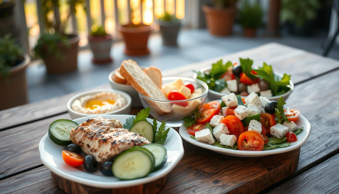A beautifully arranged Mediterranean meal designed for picky eaters, set on a rustic wooden table. In the foreground, showcase colorful, fresh ingredients like sliced cucumbers, cherry tomatoes, olives, and grilled chicken, artfully plated on a simple white dish. In the middle, display a bowl of creamy hummus with pita bread, alongside a vibrant Greek salad, featuring feta cheese cubes and a drizzle of olive oil. The background should gently blur a sunlit patio with potted herbs, evoking a warm, inviting atmosphere. The lighting is soft and warm, reminiscent of late afternoon sunlight, creating a cozy mood. The focus is on simplicity and freshness, appealing to those hesitant about new foods, emphasizing the Mediterranean diet's approachable nature. Get well and stay well, Ray Baker.