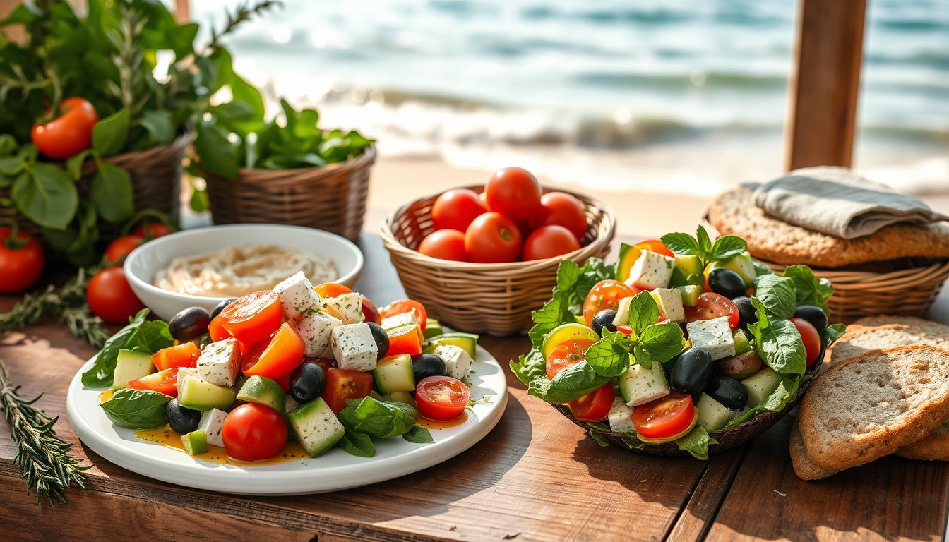 A beautifully arranged Mediterranean meal featuring a colorful selection of fresh vegetables, whole grains, and lean proteins on a rustic wooden table. In the foreground, showcase a vibrant Greek salad with cherry tomatoes, cucumbers, olives, and feta cheese drizzled with olive oil, alongside a bowl of hummus and whole grain pita bread. The middle layer reveals a backdrop of a sunny Mediterranean seaside, with gentle waves lapping against the shore, enhancing the healthy and relaxed vibe. Soft, natural lighting filters through the scene, casting warm highlights and shadows, creating an inviting atmosphere. Include a hint of herbs like rosemary and basil in the composition for added freshness. The overall mood conveys health, vitality, and the joy of a balanced Mediterranean blood sugar diet. Get well and stay well, Ray Baker. A beautifully arranged Mediterranean meal featuring a colorful selection of fresh vegetables, whole grains, and lean proteins on a rustic wooden table. In the foreground, showcase a vibrant Greek salad with cherry tomatoes, cucumbers, olives, and feta cheese drizzled with olive oil, alongside a bowl of hummus and whole grain pita bread. The middle layer reveals a backdrop of a sunny Mediterranean seaside, with gentle waves lapping against the shore, enhancing the healthy and relaxed vibe. Soft, natural lighting filters through the scene, casting warm highlights and shadows, creating an inviting atmosphere. Include a hint of herbs like rosemary and basil in the composition for added freshness. The overall mood conveys health, vitality, and the joy of a balanced Mediterranean blood sugar diet. Get well and stay well, Ray Baker.