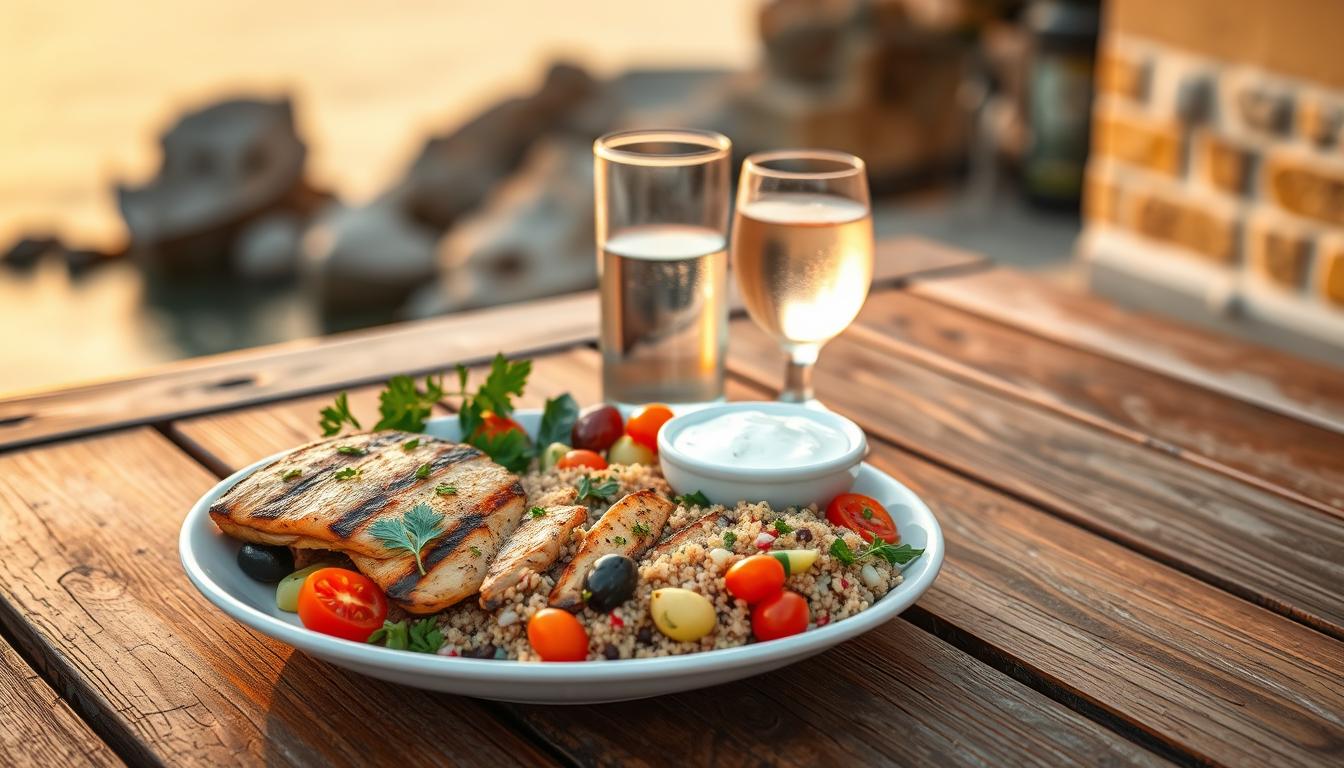 A beautifully arranged Mediterranean meal for one on a rustic wooden table. The foreground features a vibrant, healthful plate with grilled lemon-garlic chicken, a colorful quinoa salad with cherry tomatoes, cucumbers, and olives, and a small bowl of tzatziki. Fresh herbs like parsley and basil sprinkle the dish. In the middle, a glass of sparkling water with a slice of lemon sits beside the plate. The background shows a softly blurred Mediterranean coast scene under a warm, golden sunset, enhancing the inviting atmosphere. The lighting is natural, casting gentle shadows, as if the meal is set outdoors. The overall mood is tranquil and health-conscious, embodying the essence of Mediterranean dining. Get well and stay well, Ray Baker. A beautifully arranged Mediterranean meal for one on a rustic wooden table. The foreground features a vibrant, healthful plate with grilled lemon-garlic chicken, a colorful quinoa salad with cherry tomatoes, cucumbers, and olives, and a small bowl of tzatziki. Fresh herbs like parsley and basil sprinkle the dish. In the middle, a glass of sparkling water with a slice of lemon sits beside the plate. The background shows a softly blurred Mediterranean coast scene under a warm, golden sunset, enhancing the inviting atmosphere. The lighting is natural, casting gentle shadows, as if the meal is set outdoors. The overall mood is tranquil and health-conscious, embodying the essence of Mediterranean dining. Get well and stay well, Ray Baker.