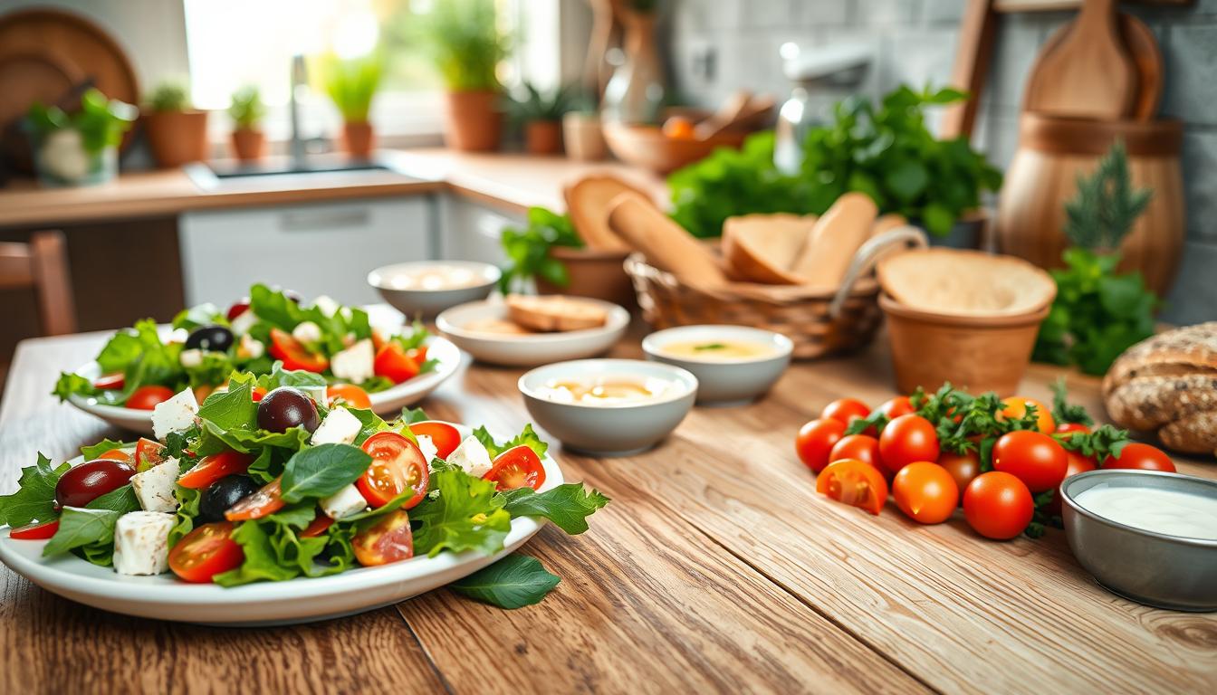 A beautifully arranged Mediterranean meal plan starter, featuring a variety of vibrant, fresh ingredients. In the foreground, a wooden table displays plates of colorful salads with leafy greens, cherry tomatoes, olives, and feta cheese, drizzled with olive oil. To the side, there are whole grain breads and small bowls of hummus and tzatziki sauce. In the middle ground, a rustic kitchen environment with ceramic dishes and fresh herbs like basil and parsley, creating a warm ambiance. The background hints at a sunlit window allowing soft, natural light to flood the scene, enhancing the inviting atmosphere. Capture this idyllic setup using a warm, soft-focus lens, at an eye-level angle, to evoke a sense of wholesome comfort and health. Get well and stay well, Ray Baker.