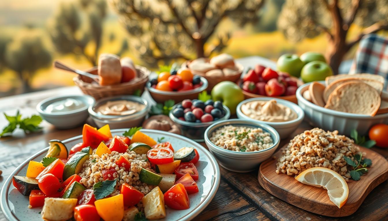 A beautifully arranged Mediterranean spread on a rustic wooden table, showcasing a variety of foods beneficial for glucose control. In the foreground, a vibrant plate filled with colorful roasted vegetables like bell peppers, zucchini, and cherry tomatoes, alongside a generous serving of quinoa salad with parsley and lemon. In the middle ground, bowls of hummus, olives, and a selection of whole-grain pita bread are artfully displayed. Fresh fruits like berries and green apples complement the meal, offering a bright contrast. The background features a soft-focus Mediterranean landscape, with olive trees under a gentle golden sunlight, creating a warm and inviting atmosphere. The angle is slightly elevated to capture the abundance and healthiness of the foods. Get well and stay well, Ray Baker. A beautifully arranged Mediterranean spread on a rustic wooden table, showcasing a variety of foods beneficial for glucose control. In the foreground, a vibrant plate filled with colorful roasted vegetables like bell peppers, zucchini, and cherry tomatoes, alongside a generous serving of quinoa salad with parsley and lemon. In the middle ground, bowls of hummus, olives, and a selection of whole-grain pita bread are artfully displayed. Fresh fruits like berries and green apples complement the meal, offering a bright contrast. The background features a soft-focus Mediterranean landscape, with olive trees under a gentle golden sunlight, creating a warm and inviting atmosphere. The angle is slightly elevated to capture the abundance and healthiness of the foods. Get well and stay well, Ray Baker.