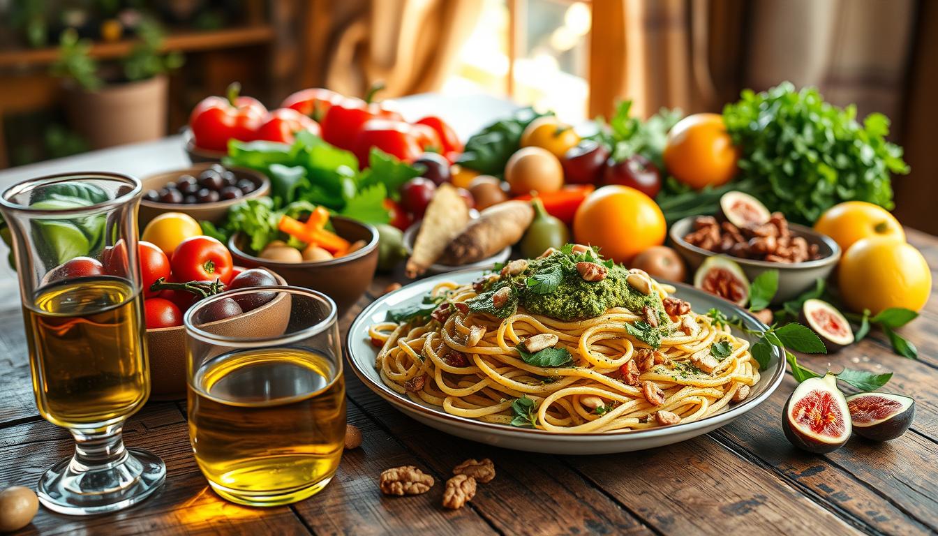 A beautifully arranged Mediterranean spread on a rustic wooden table, showcasing colorful vegetables like ripe tomatoes, bell peppers, and fresh greens interspersed with bowls of olives and nuts. In the foreground, a glass of olive oil glistens, reflecting soft golden light. The middle of the composition features a plate of whole grain pasta topped with a vibrant pesto and garnished with pine nuts, surrounded by fresh herbs. In the background, sunlight streams through a window, casting warm shadows and creating a tranquil atmosphere. A few fresh fruits like figs and oranges add vibrant colors, emphasizing the dietary focus on brain and body health. Capture this scene with a soft focus and warm lighting to inspire a sense of nourishment and vitality. Get well and stay well, Ray Baker. A beautifully arranged Mediterranean spread on a rustic wooden table, showcasing colorful vegetables like ripe tomatoes, bell peppers, and fresh greens interspersed with bowls of olives and nuts. In the foreground, a glass of olive oil glistens, reflecting soft golden light. The middle of the composition features a plate of whole grain pasta topped with a vibrant pesto and garnished with pine nuts, surrounded by fresh herbs. In the background, sunlight streams through a window, casting warm shadows and creating a tranquil atmosphere. A few fresh fruits like figs and oranges add vibrant colors, emphasizing the dietary focus on brain and body health. Capture this scene with a soft focus and warm lighting to inspire a sense of nourishment and vitality. Get well and stay well, Ray Baker.