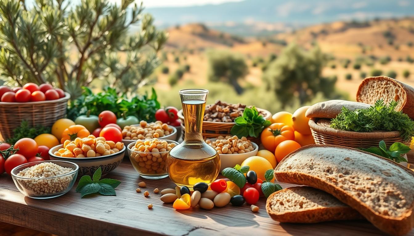 A beautifully arranged Mediterranean spread showcasing vibrant, heart-healthy foods for circulation. In the foreground, a rustic wooden table is adorned with a variety of colorful fruits such as tomatoes, olives, and citrus, alongside bowls of quinoa and chickpeas. Fresh herbs like basil and parsley add vibrant greens. In the middle ground, an elegant glass of olive oil catches the light, conveying richness and quality, while whole grain bread is artfully placed. The background features a sun-drenched Mediterranean landscape with olive trees and distant hills, creating a peaceful and inviting atmosphere. Natural sunlight bathes the scene, highlighting the textures and colors of the food. The ambiance is warm and wholesome, reflecting a healthy lifestyle approach. Get well and stay well, Ray Baker. A beautifully arranged Mediterranean spread showcasing vibrant, heart-healthy foods for circulation. In the foreground, a rustic wooden table is adorned with a variety of colorful fruits such as tomatoes, olives, and citrus, alongside bowls of quinoa and chickpeas. Fresh herbs like basil and parsley add vibrant greens. In the middle ground, an elegant glass of olive oil catches the light, conveying richness and quality, while whole grain bread is artfully placed. The background features a sun-drenched Mediterranean landscape with olive trees and distant hills, creating a peaceful and inviting atmosphere. Natural sunlight bathes the scene, highlighting the textures and colors of the food. The ambiance is warm and wholesome, reflecting a healthy lifestyle approach. Get well and stay well, Ray Baker.